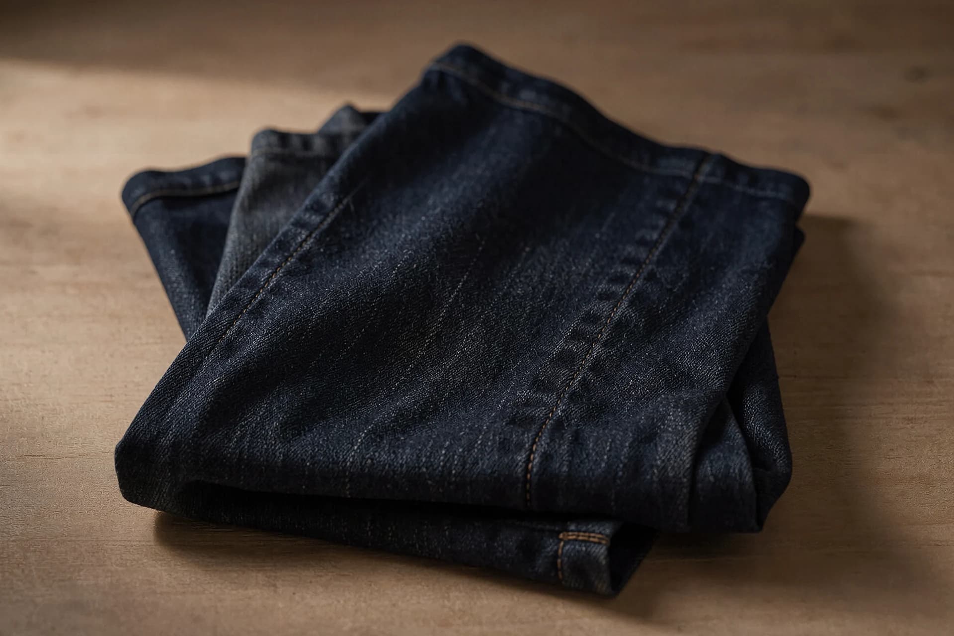Dubbelgevouwen ongewassen indigo denim met zichtbare zelfkant