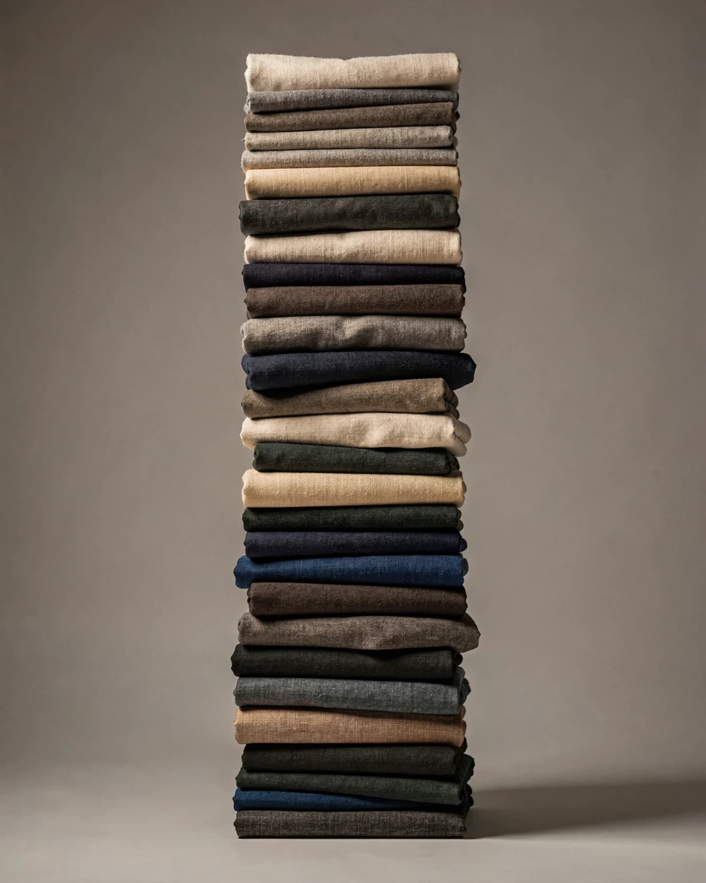 Hoge toren van opgevouwen textiel in grijstinten