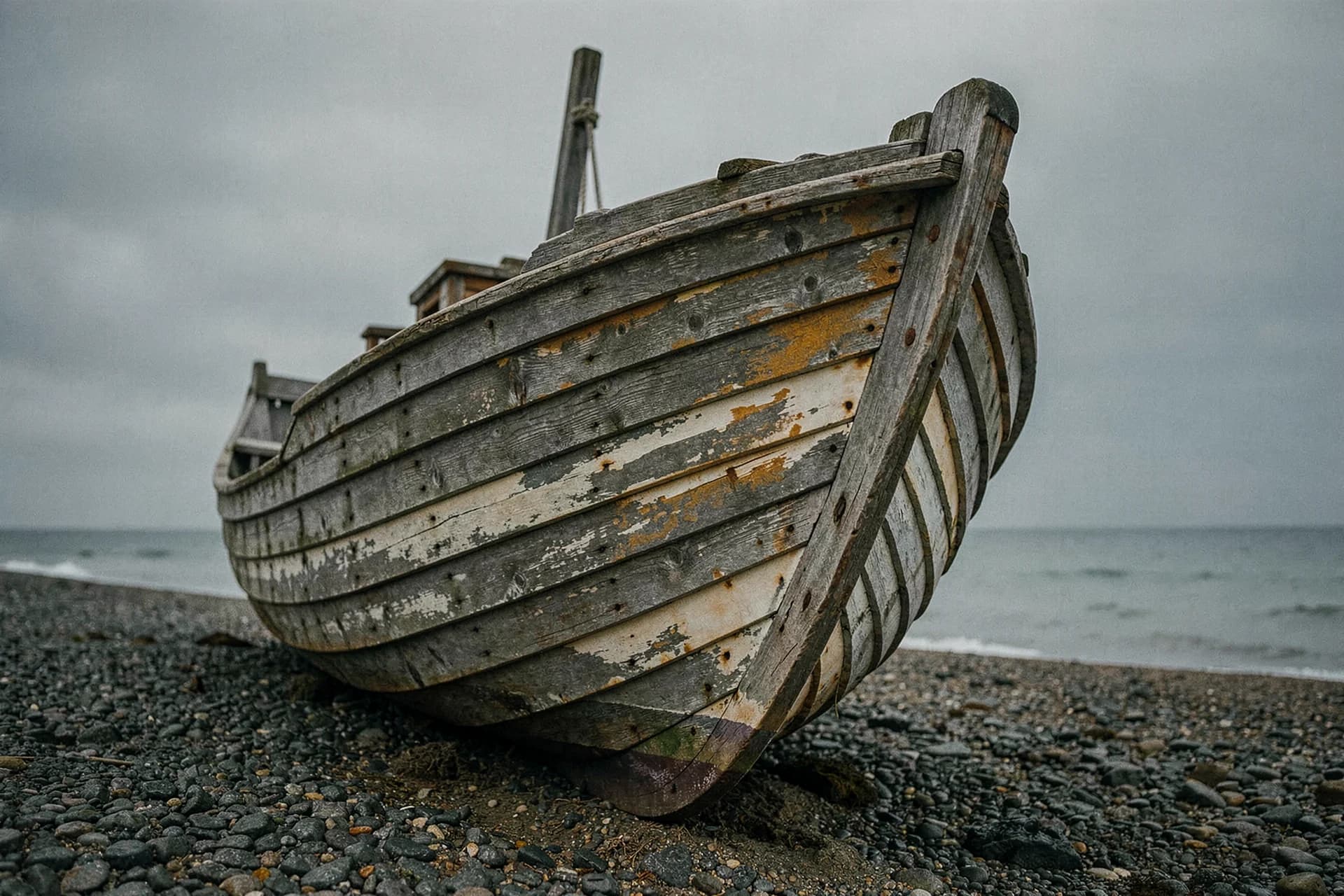 Overnaadse houten vissersboot op een kiezelstrand