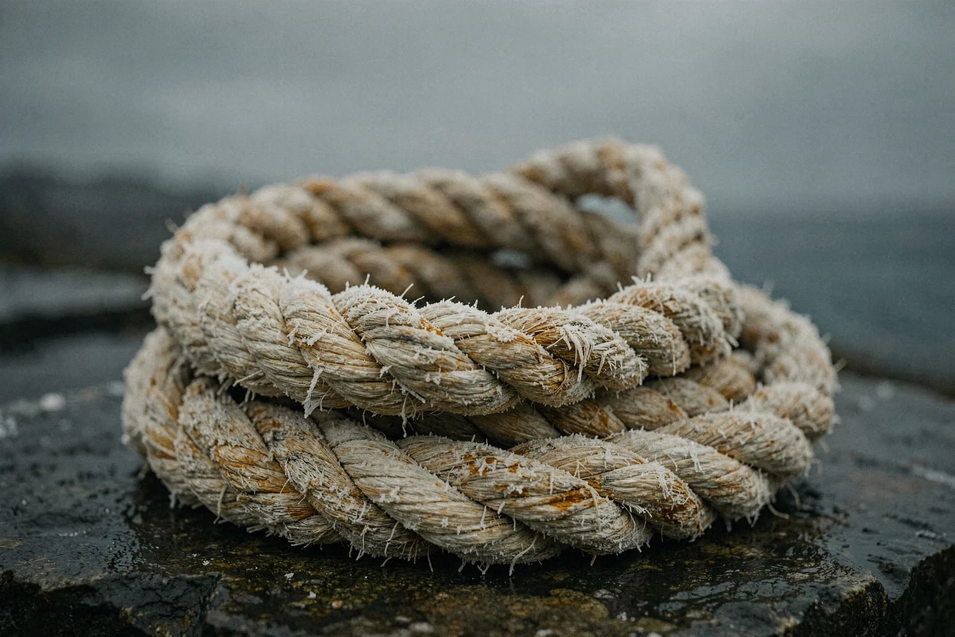 Opgerold zoutverstijfd scheepstouw op natte stenen