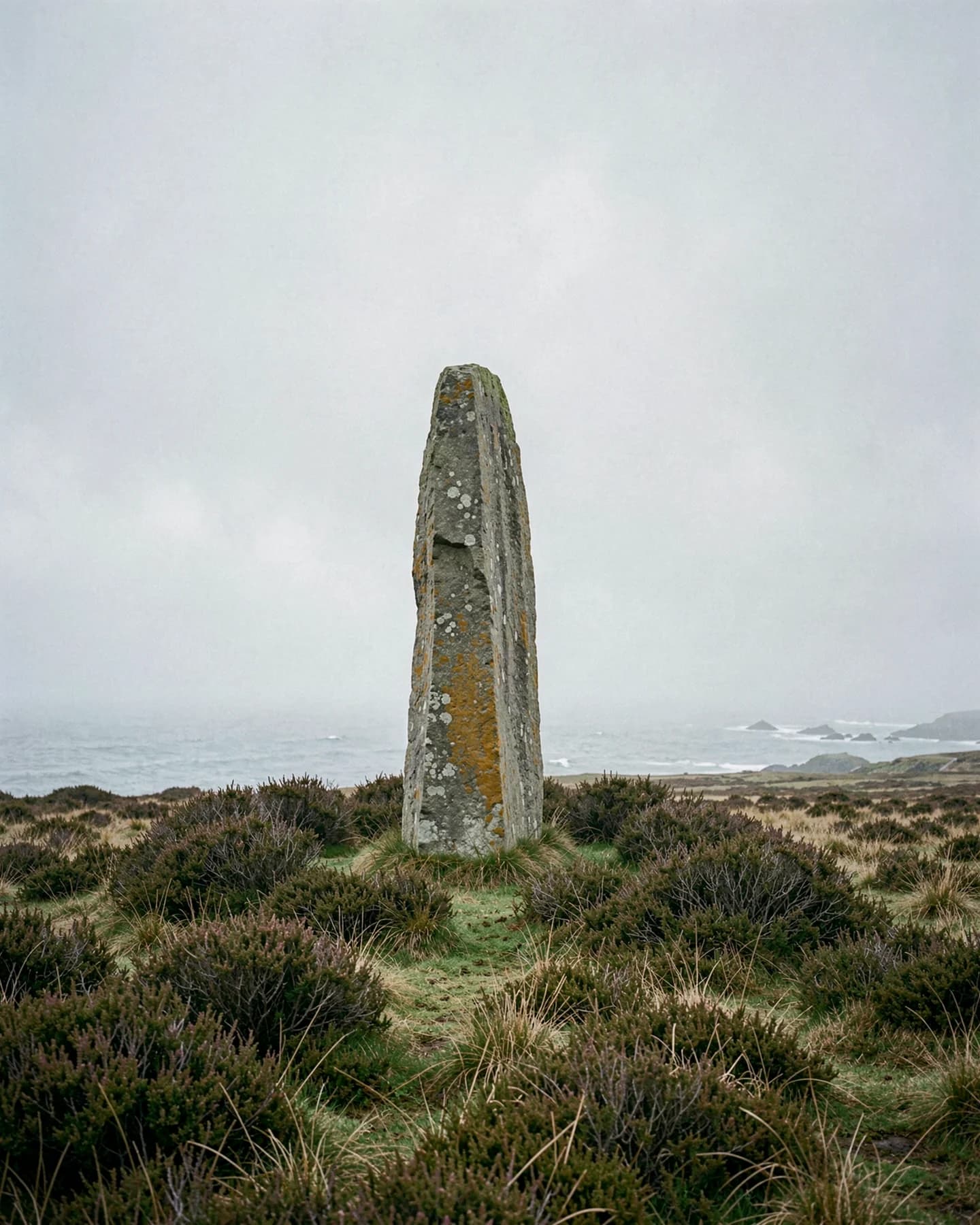 Hoge menhir op heidegrond gehuld in zeemist