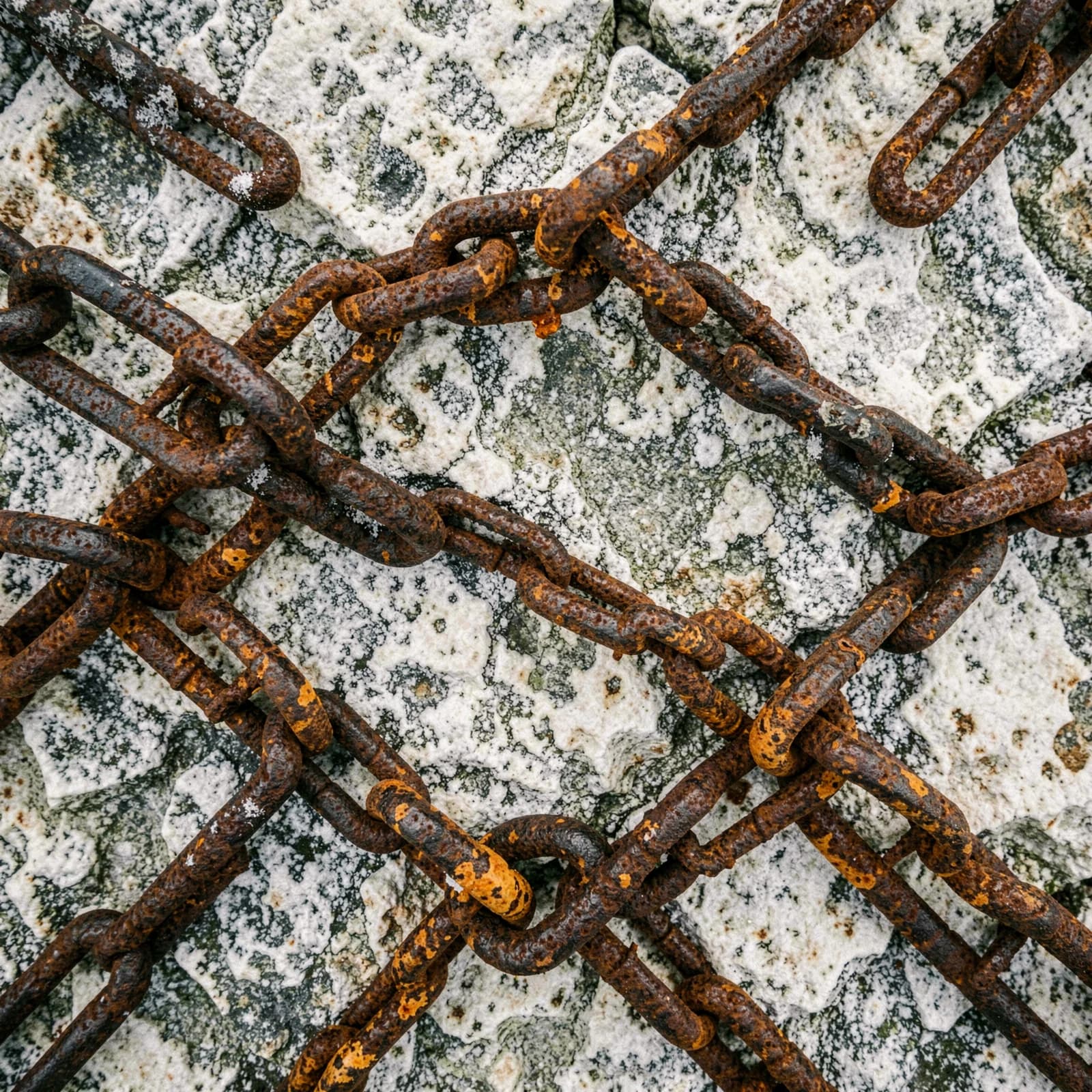 Verroeste zware ijzeren kettingschakels op lichte rots