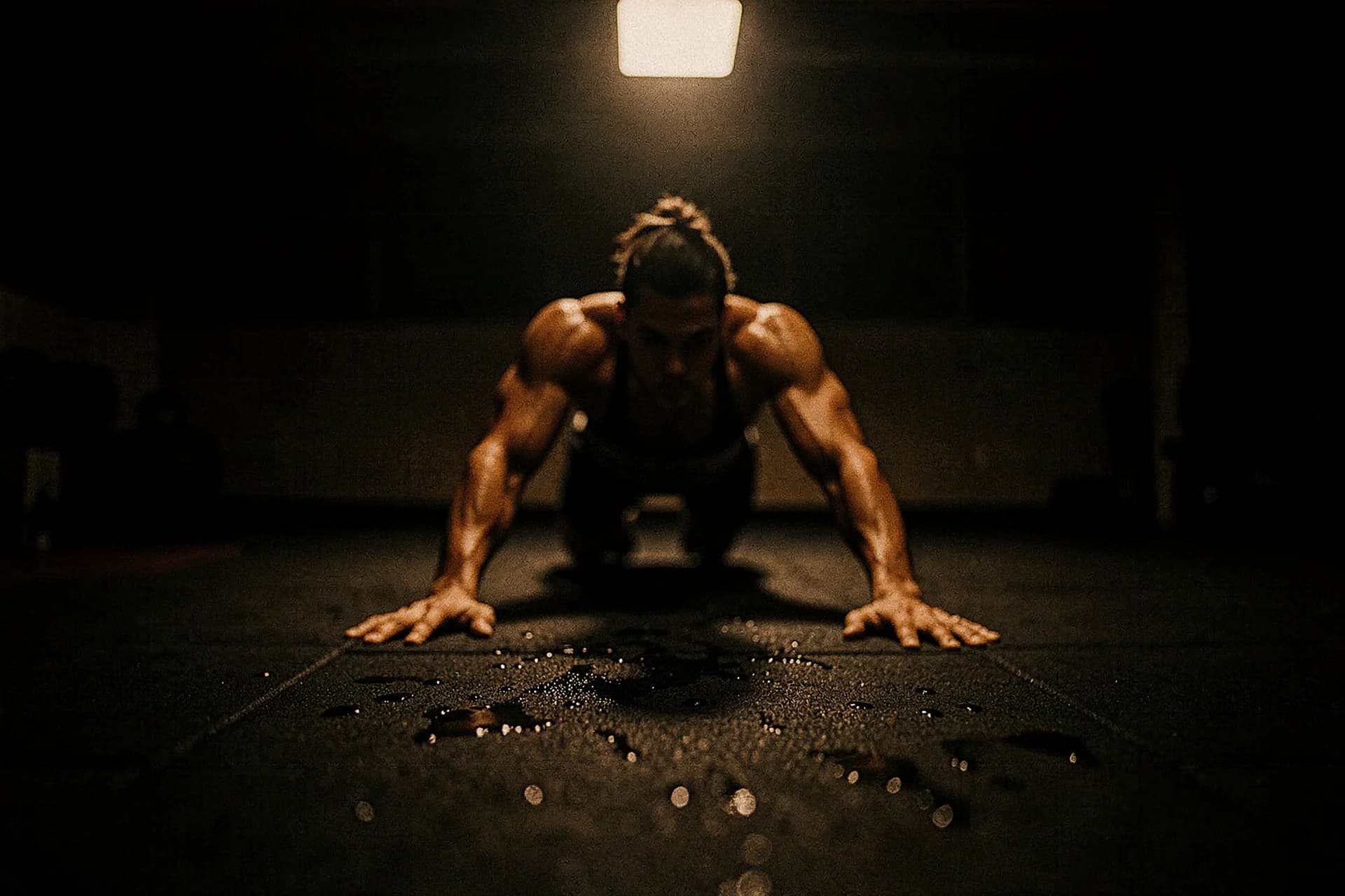 Zweetdruppels op een donkere rubberen gymvloer