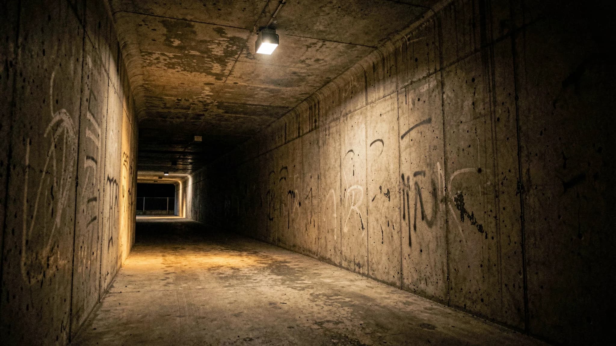 Betonnen stadiontunnel met fel natriumlicht aan het uiteinde