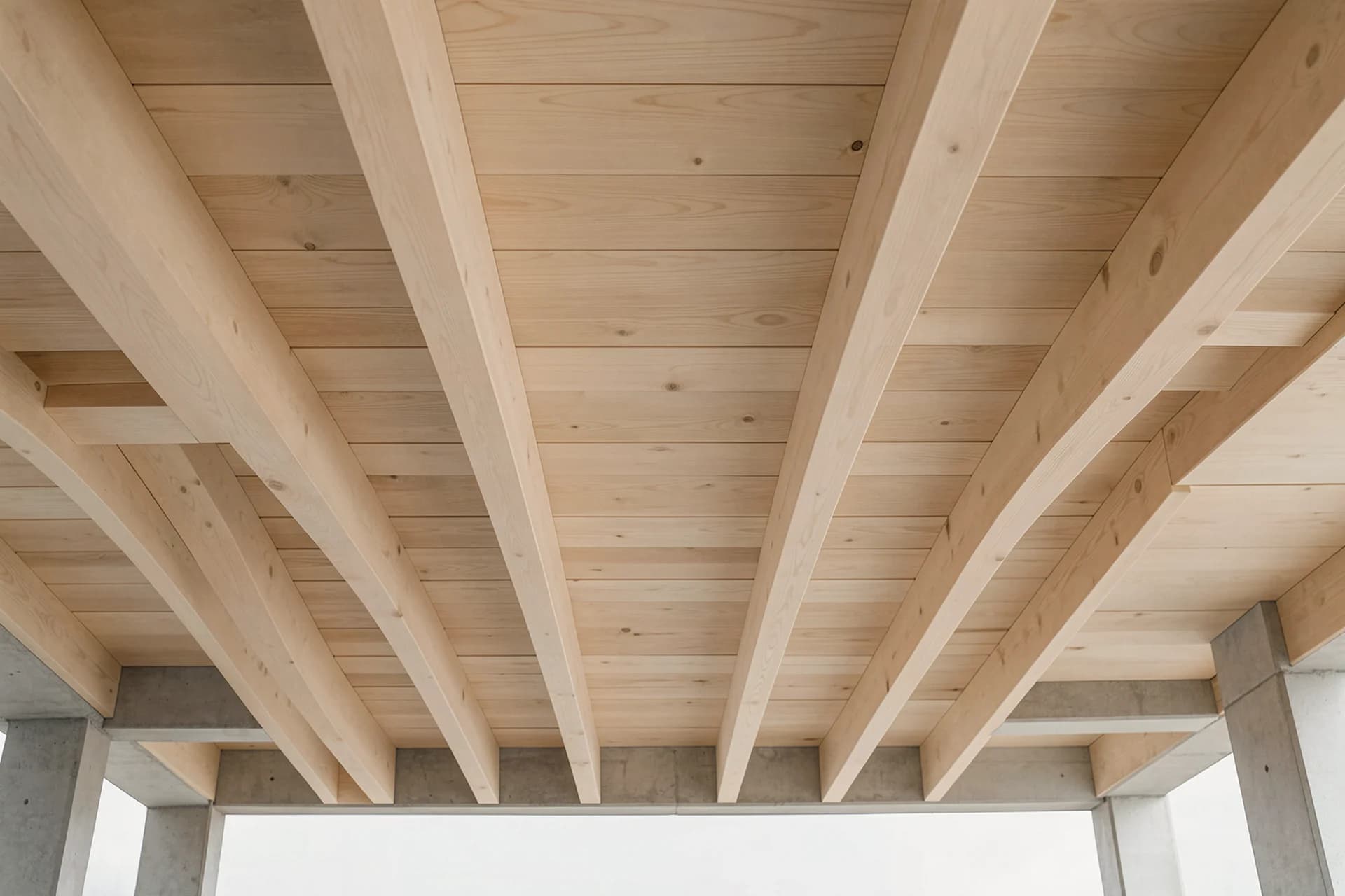 Zichtbare plafondconstructie van kruislaaghout met balken