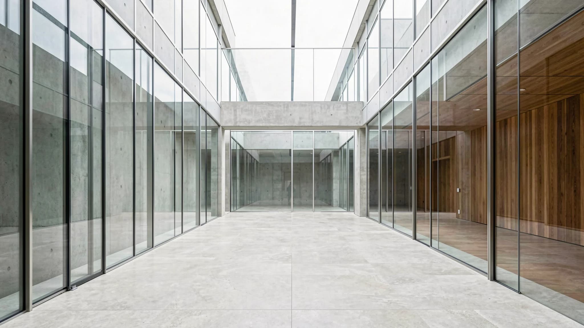 Glazen atrium met lichte natuurstenen vloer
