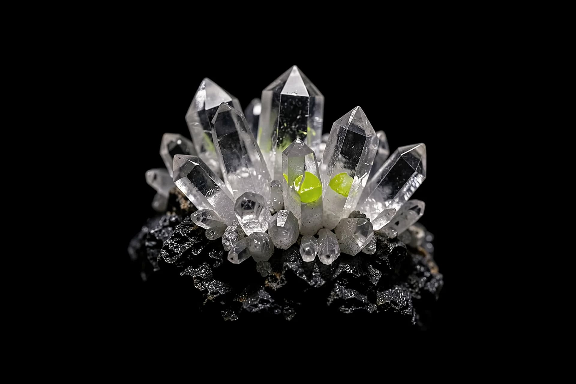 Kleurloze kristalformatie op donkere minerale basis met strijklicht