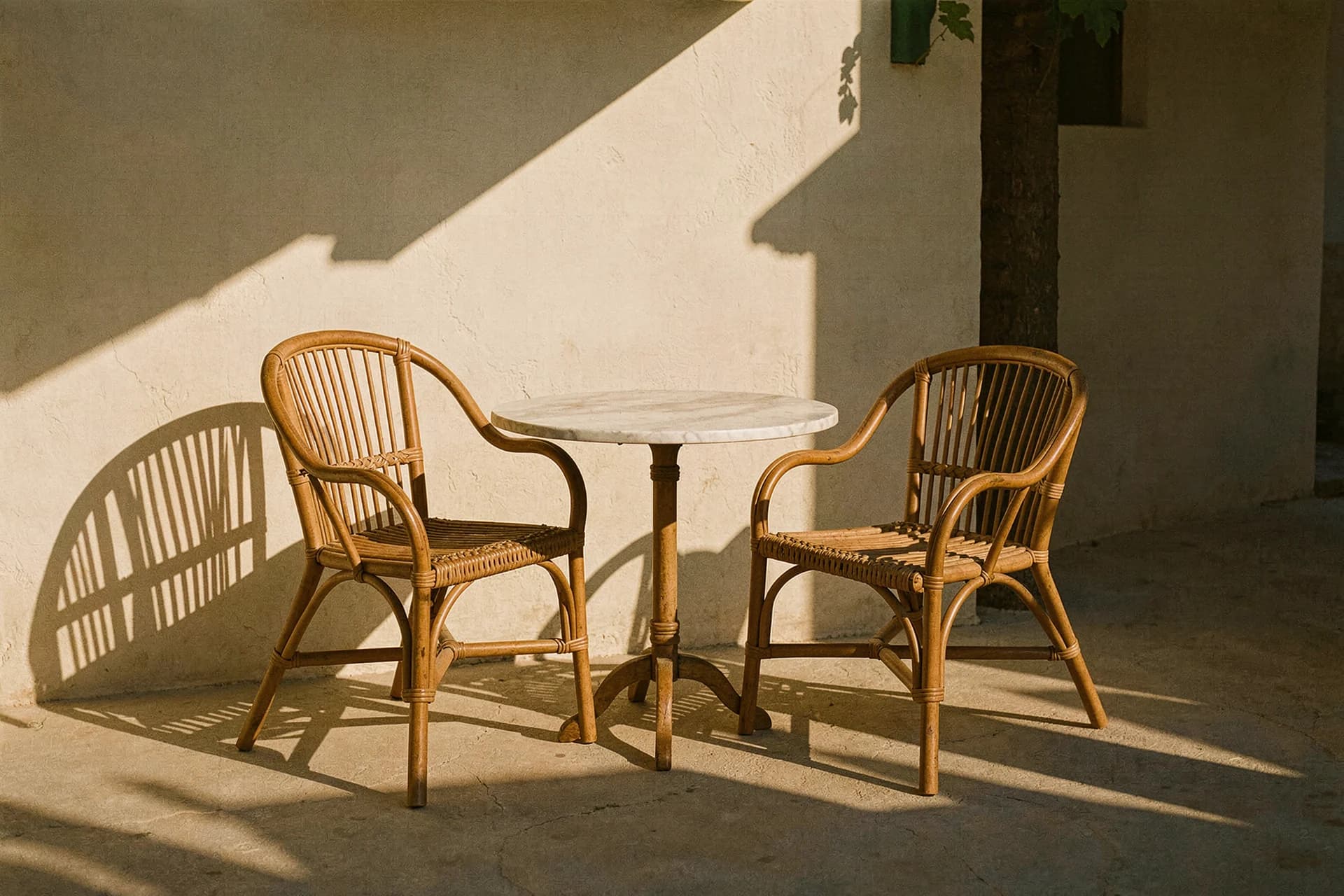 Rotan stoelen aan een ronde marmeren terrastafel