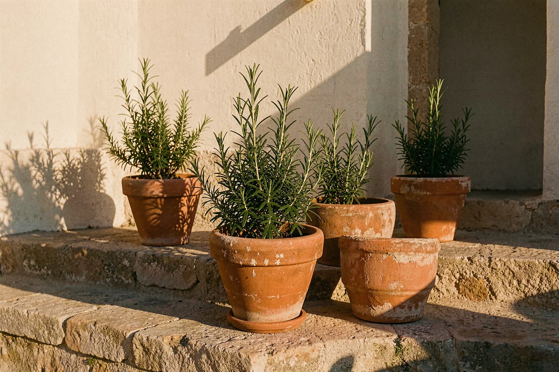 Terracotta potten met rozemarijn op stenen traptreden