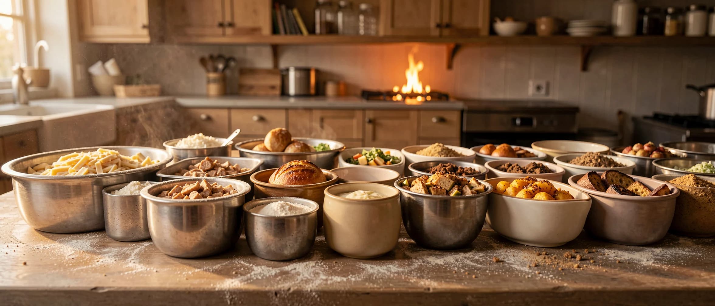 Lange doorgeeftafel met voorbereide ingrediënten in bakjes