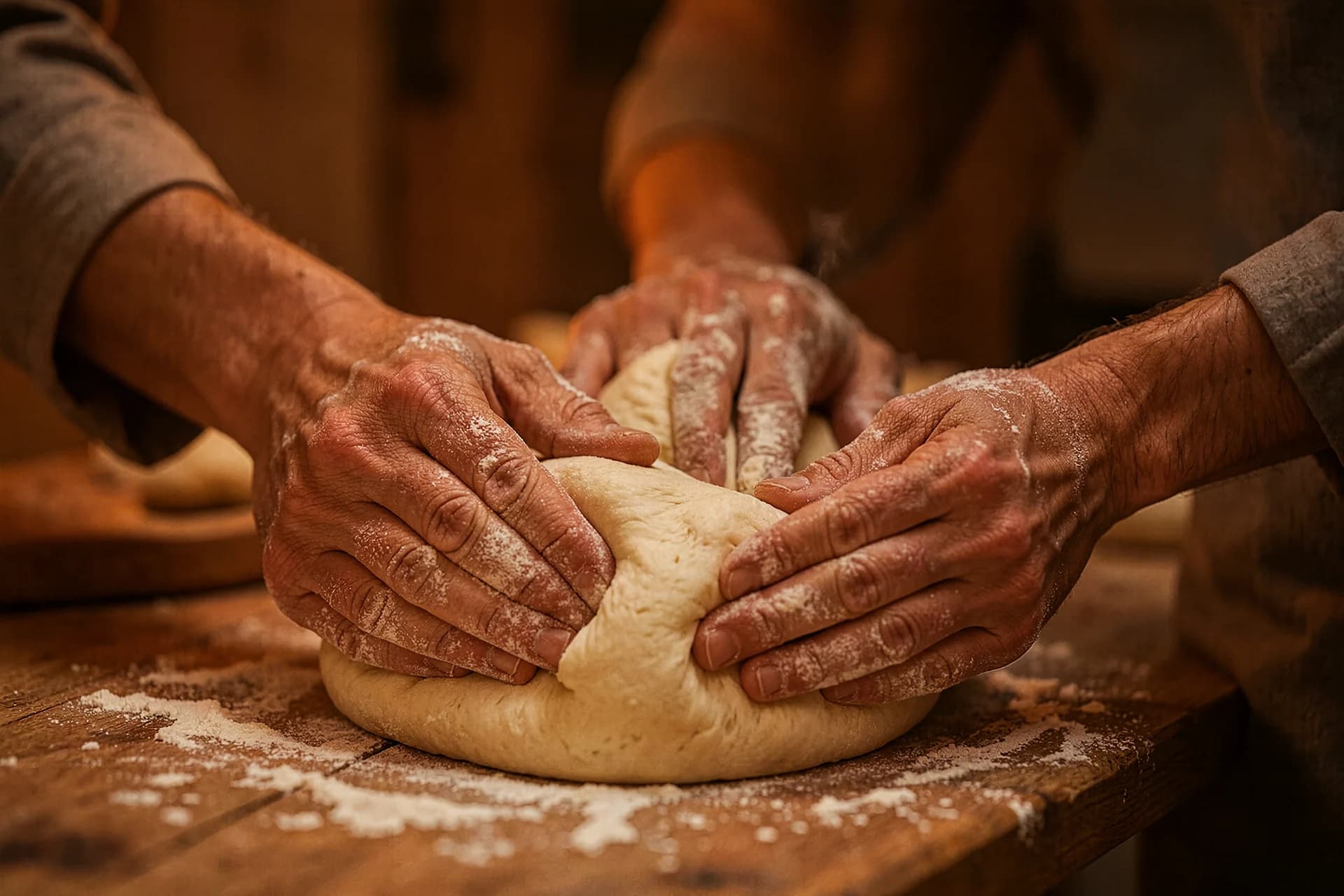 Bebloemde handen die nat deeg vormen op hout