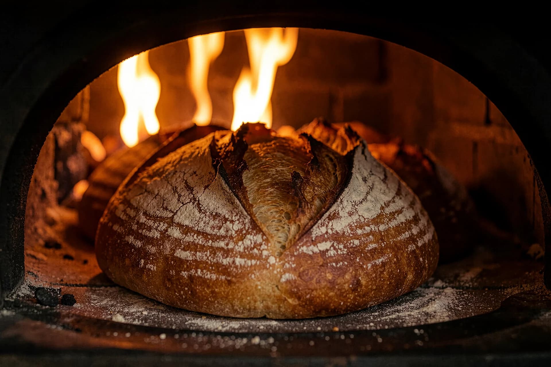 Broden bakkend in de gloed van een houtoven