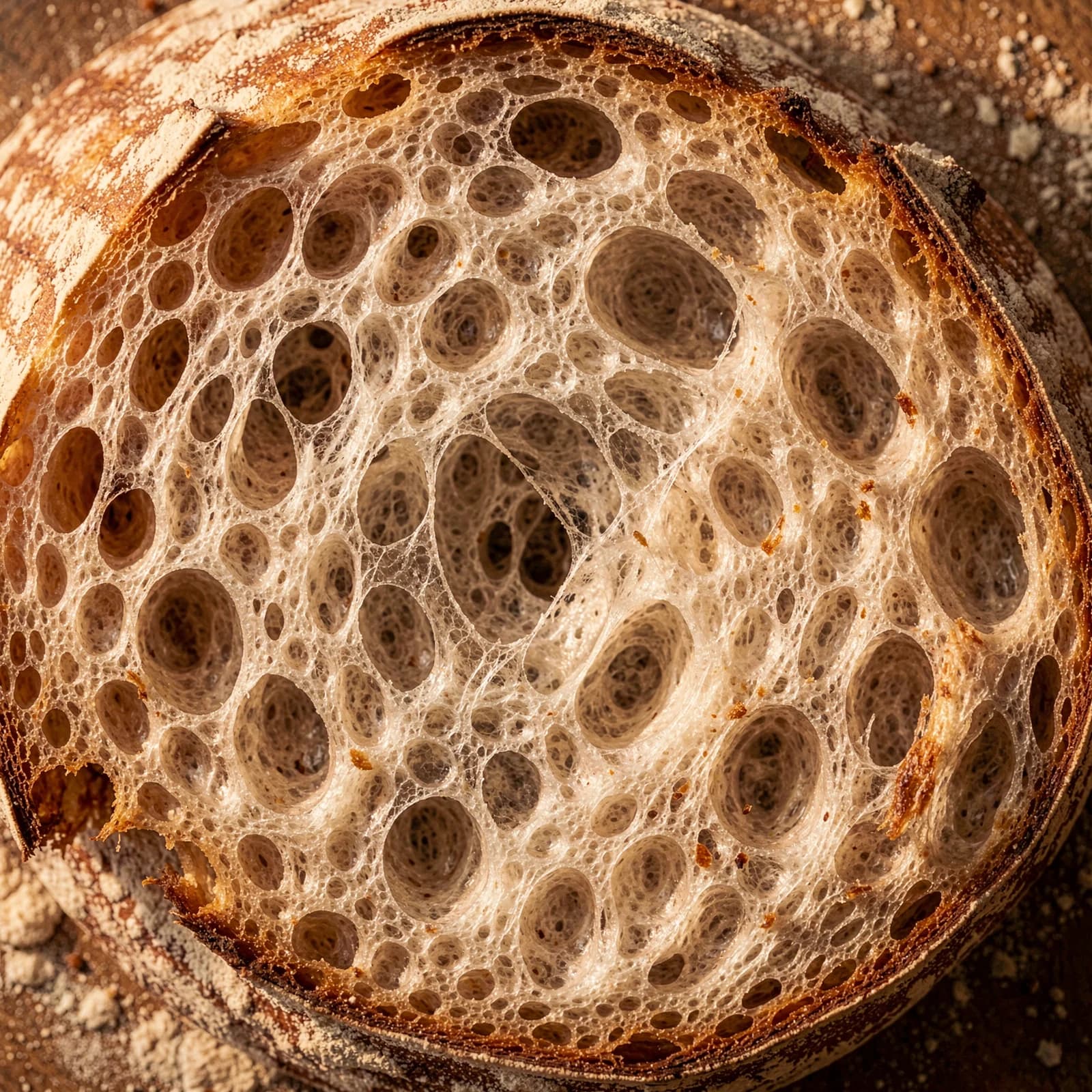 Luchtige kruimstructuur van een aangesneden zuurdesembrood