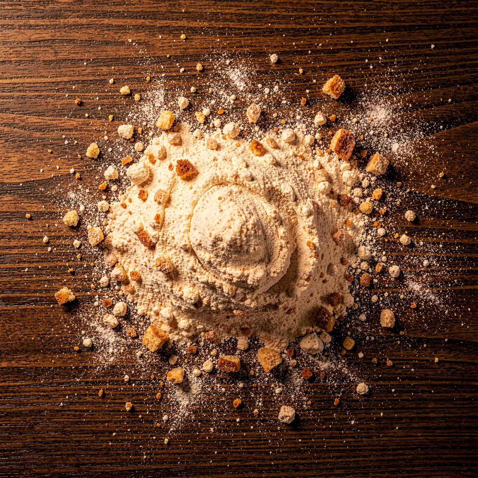 Fijn meel verspreid over donker geolied hout