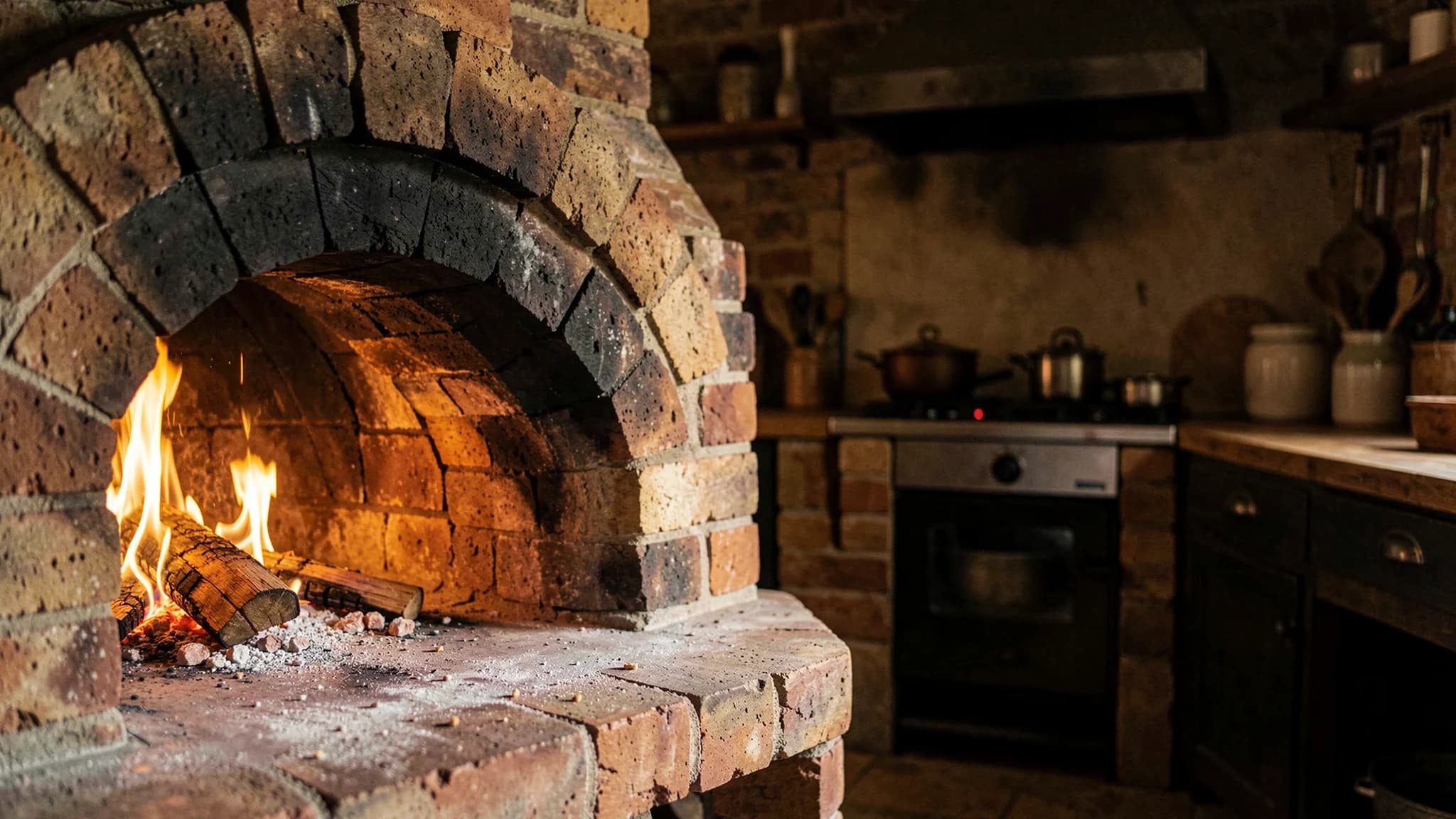Zwartgeblakerde opening van een houtgestookte stenen oven