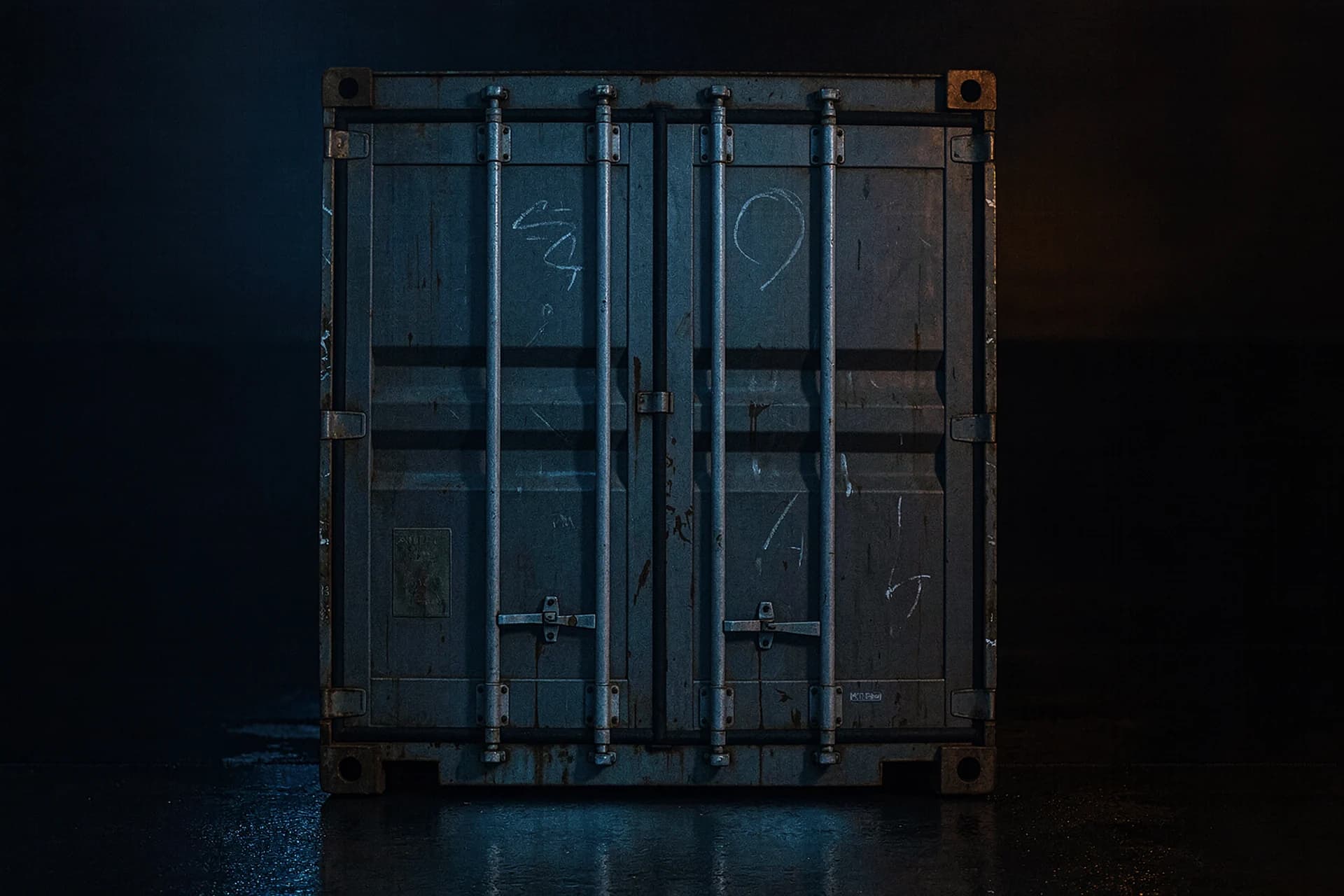 Gesloten containerdeuren met verticale grendelstangen en verweerde lak