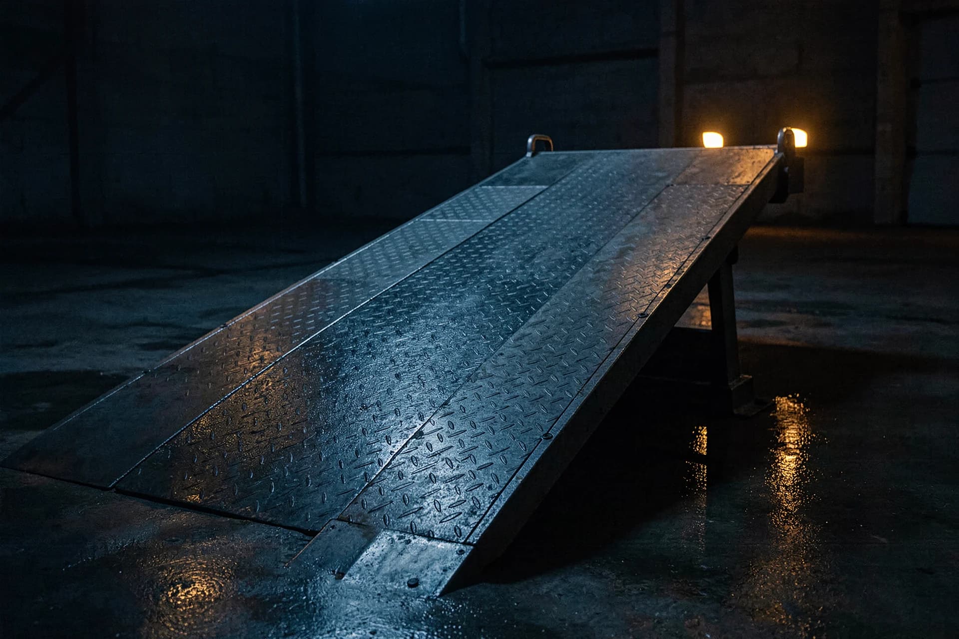 Opstaande stalen dockleveller met versleten tranenplaatprofiel in laadperron