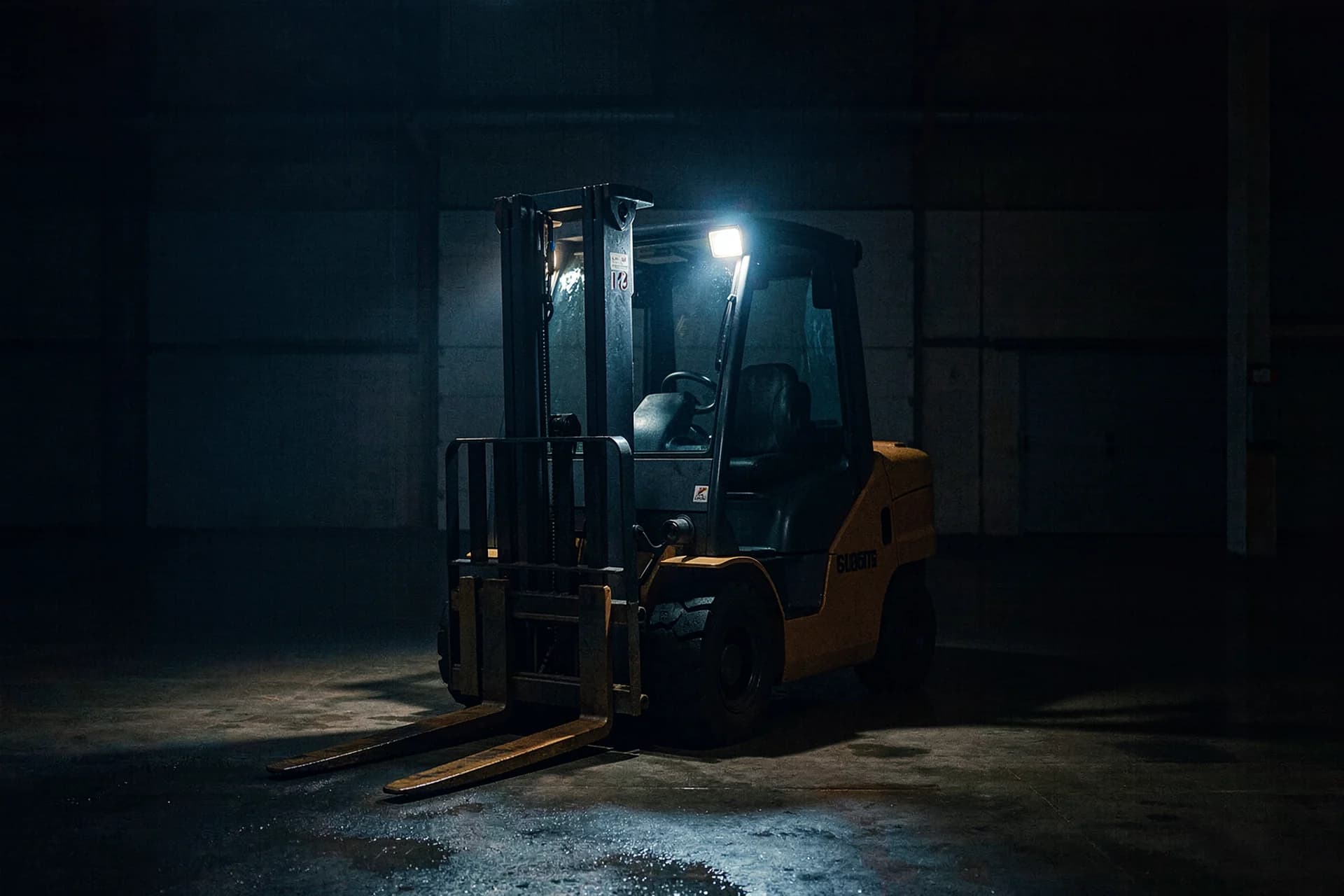 Geparkeerde vorkheftruck in een donkere magazijnhal met werklamp