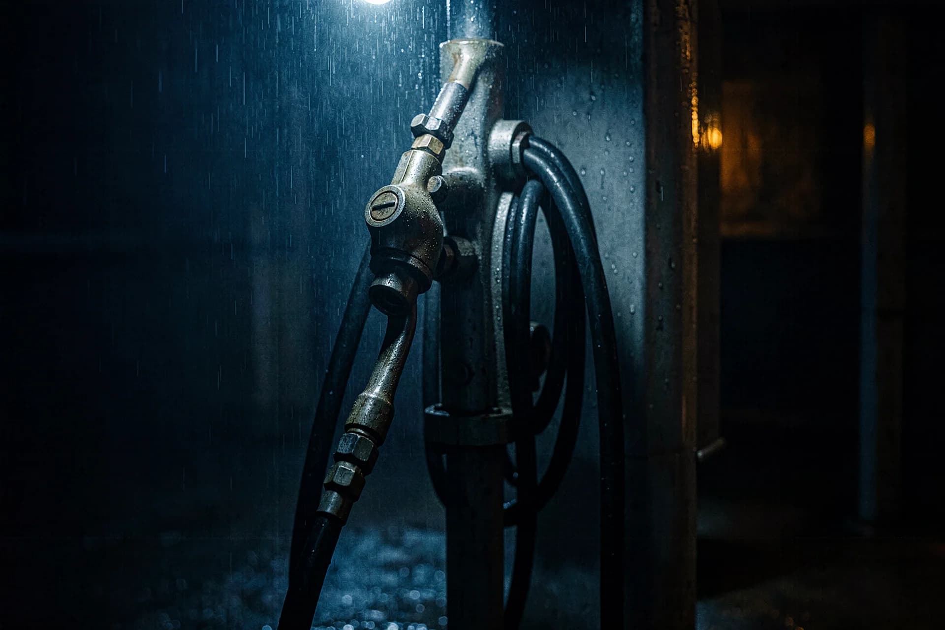 Diesel brandstofpistool in de pompzuil met regendruppels
