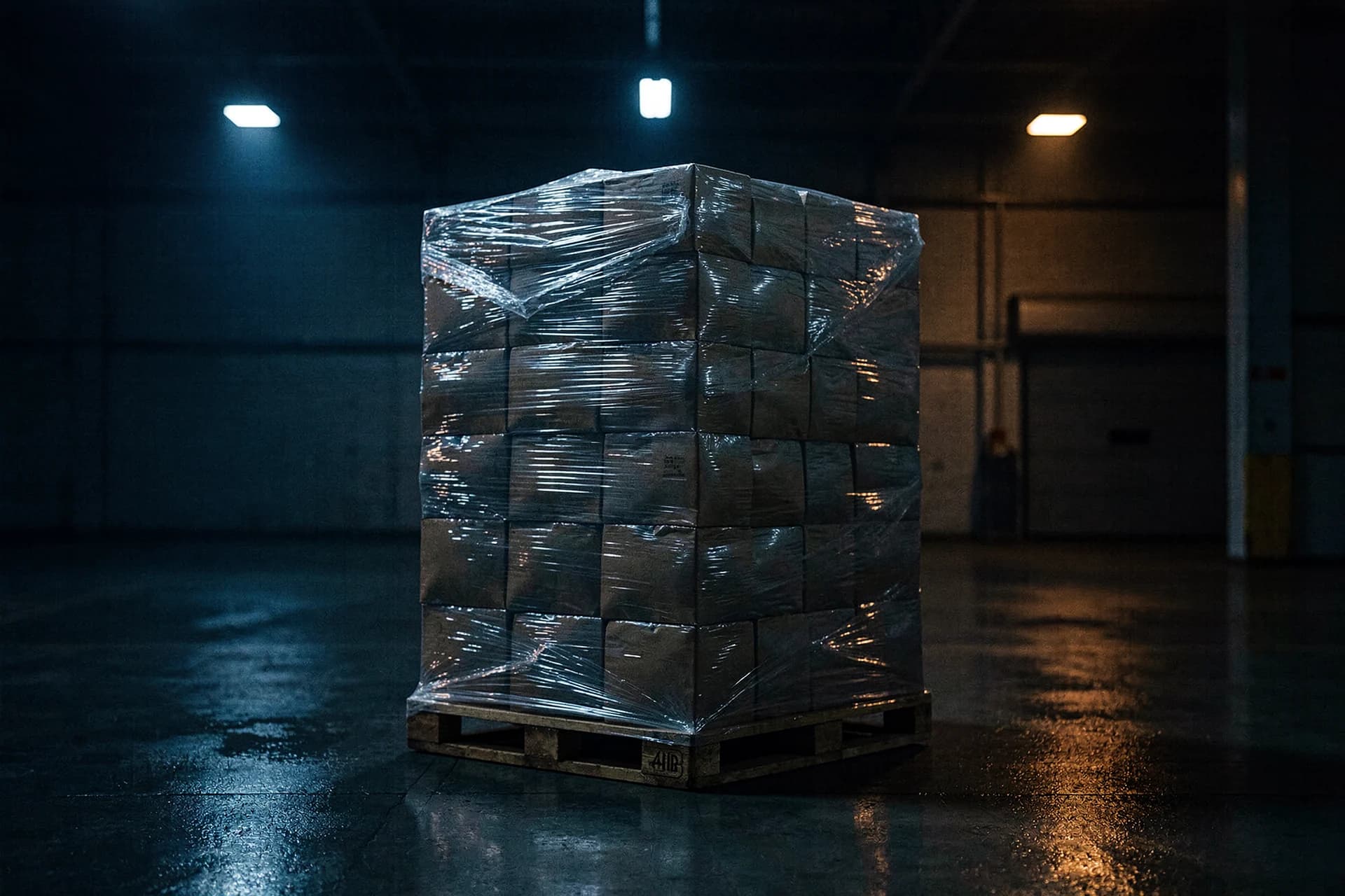 Gewikkelde pallet met rekfolie op een magazijnvloer