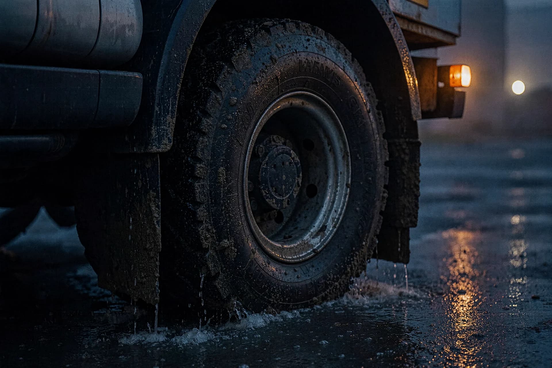 Vrachtwagenwiel met spatlap op nat donker asfalt
