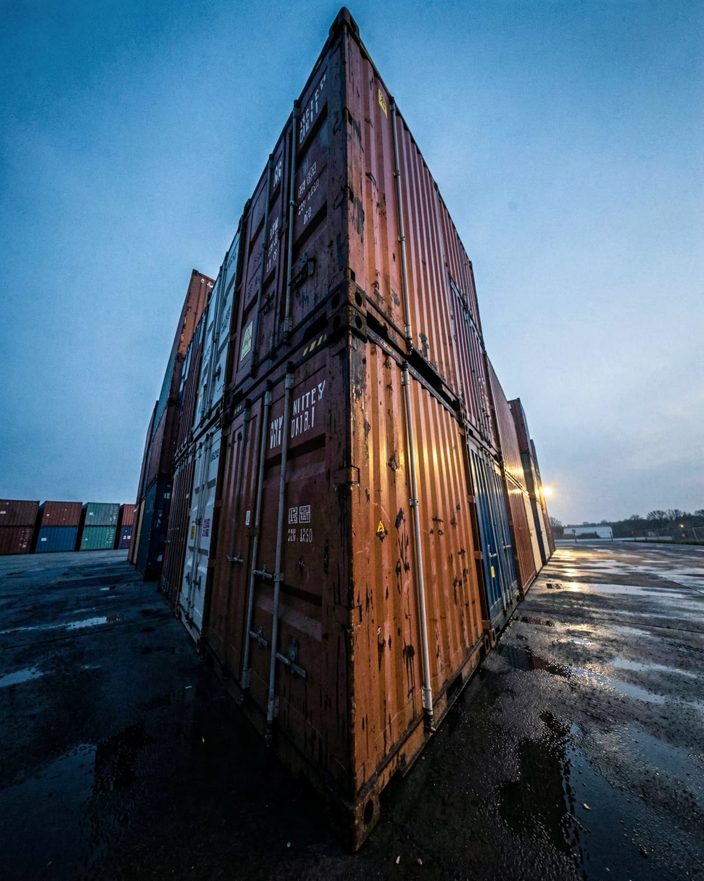 Onderste hoek van gestapelde zeecontainers loodrecht omhoog