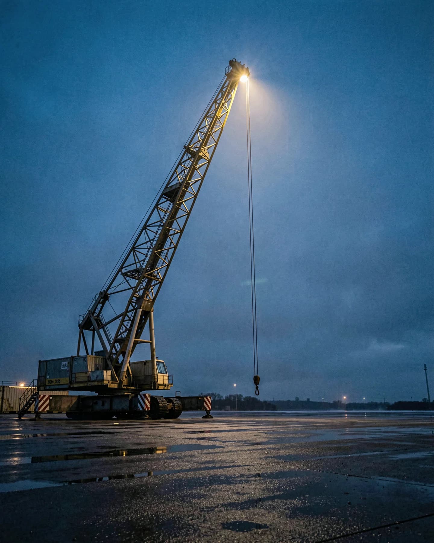 Vakwerkpoot van een portaalkraan tegen de donkere nachtlucht