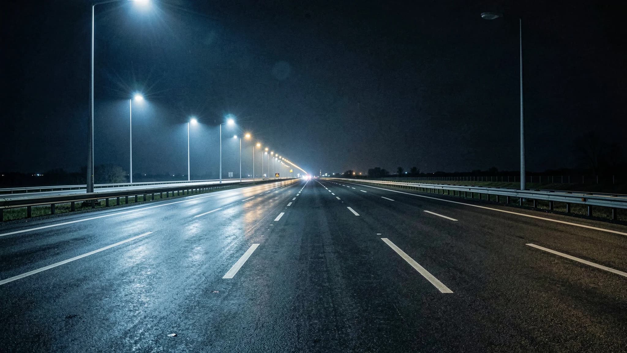 Lege autosnelweg bij nacht met oplichtende witte markeringen