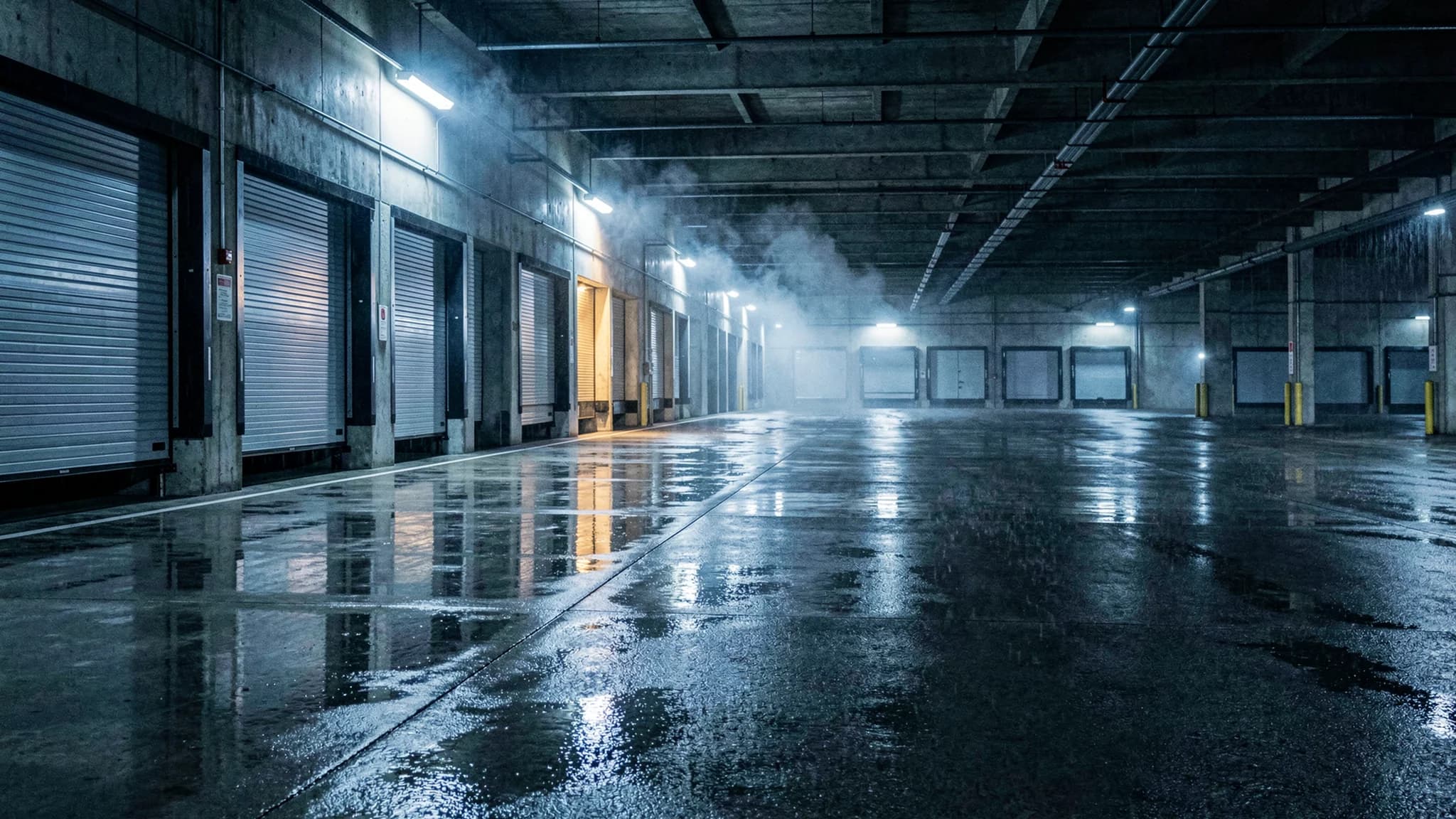 Nat laadperron met gesloten roldeuren in de regen