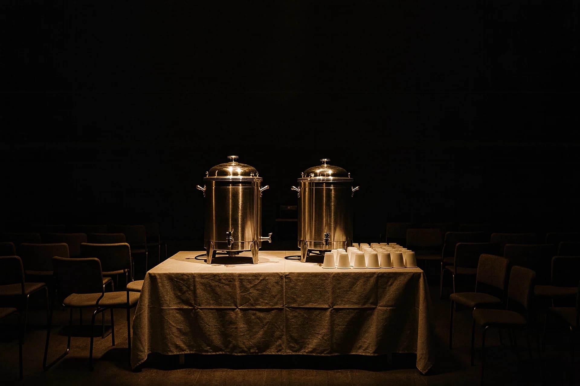 Koffieketels en witte kopjes klaargezet
