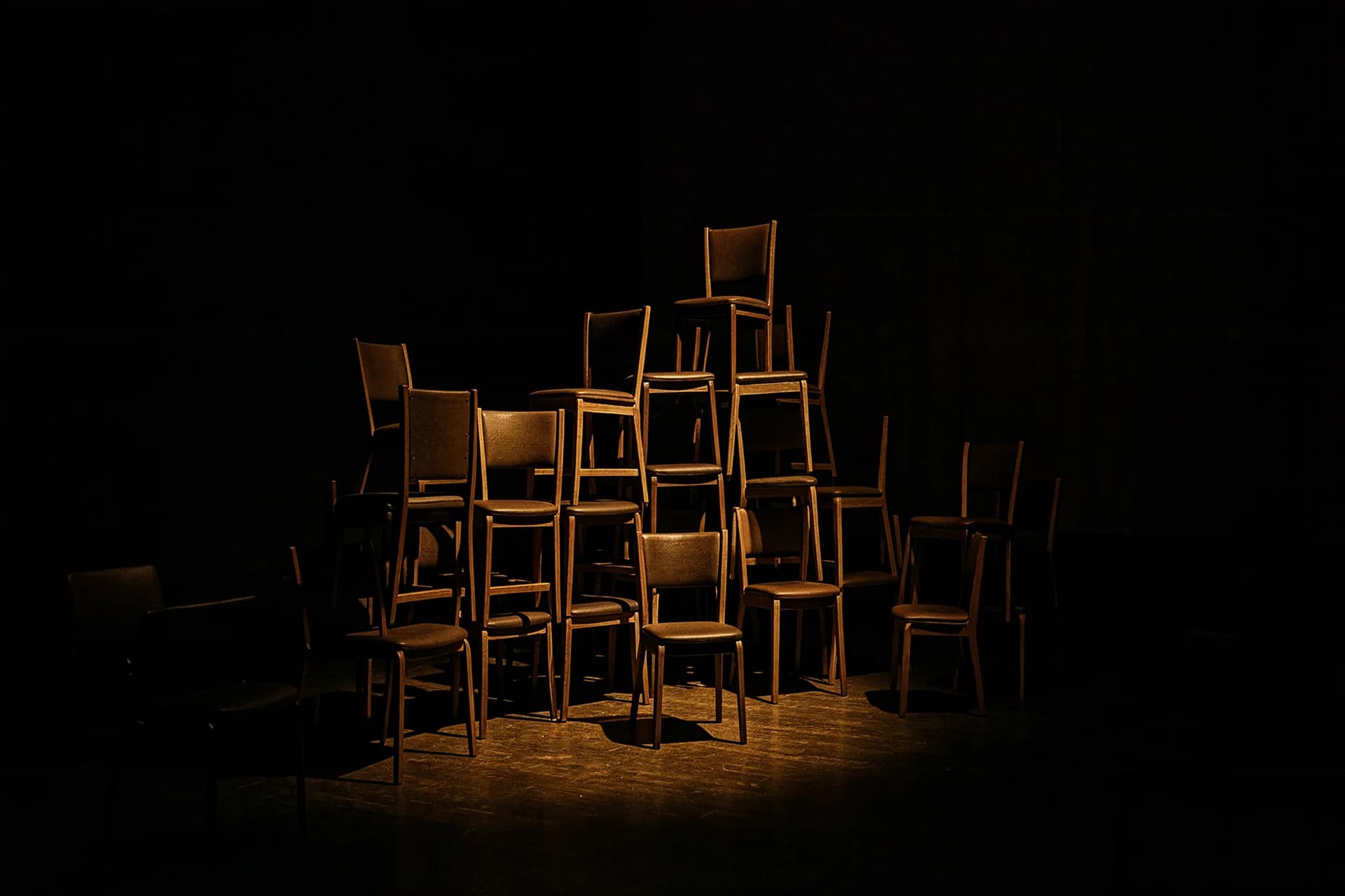 Stapelstoelen in torens in de hoek van een zaal