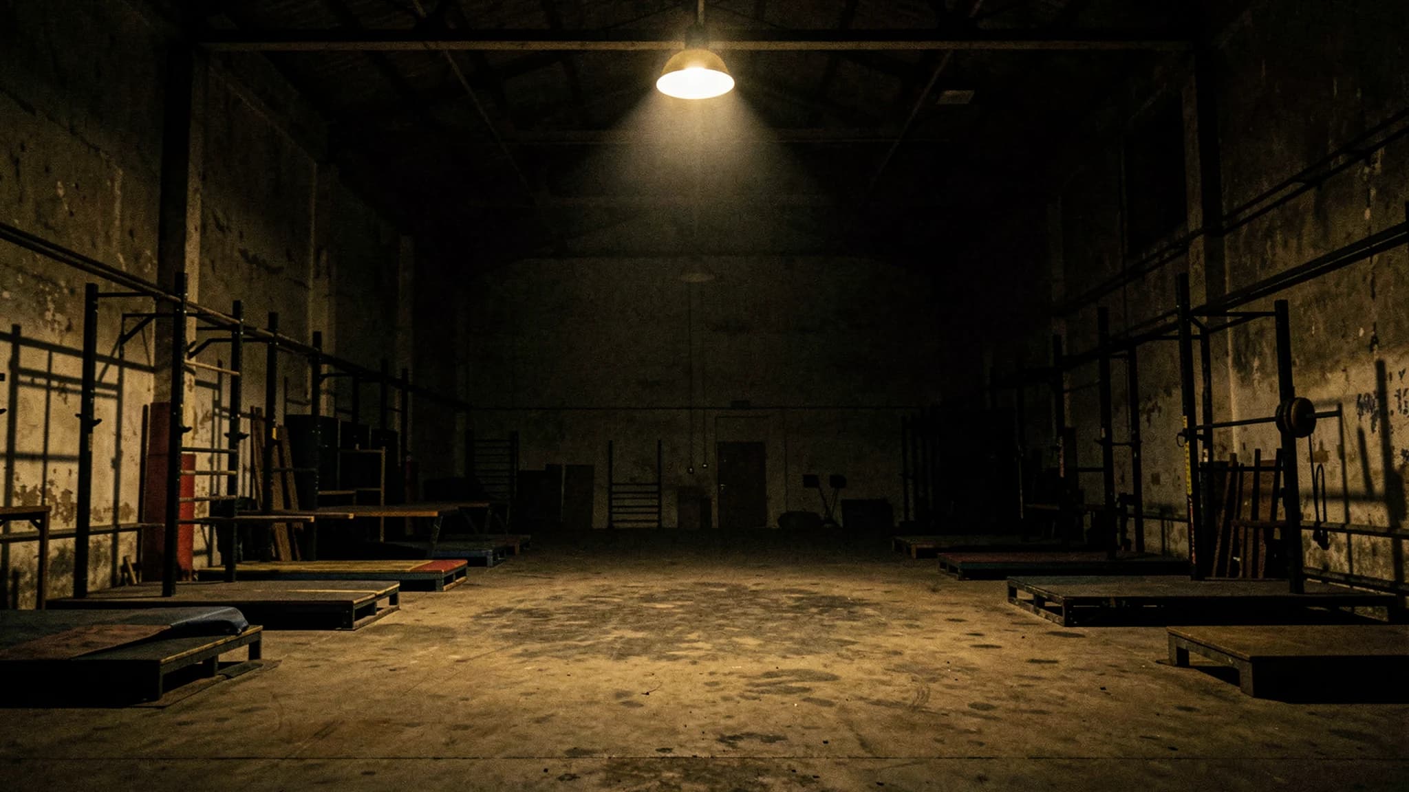 Donkere trainingshal met rekken onder een enkele plafondlamp