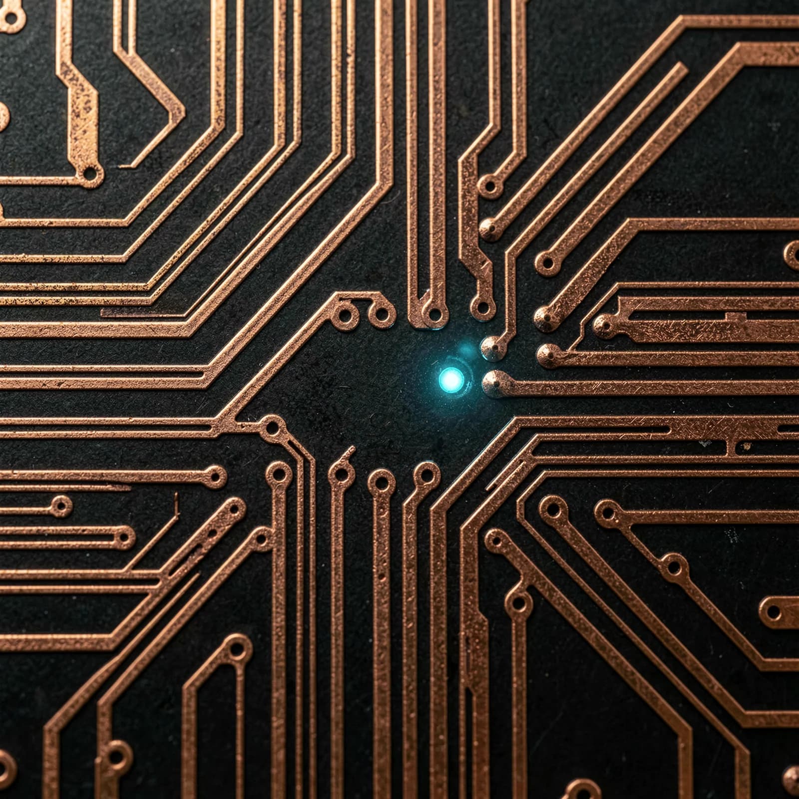 Macro-opname van geëtste koperen printsporen op printplaat