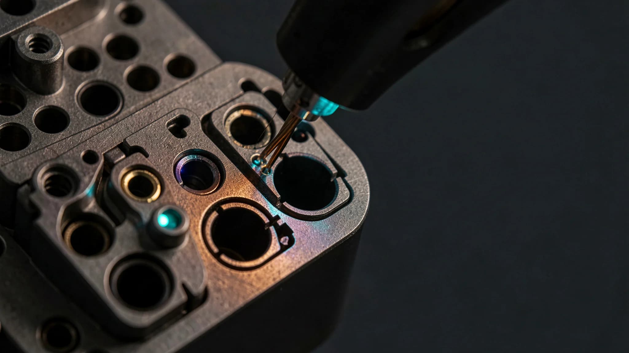 Rij metalen connectorpoorten met een subtiel indicatielampje