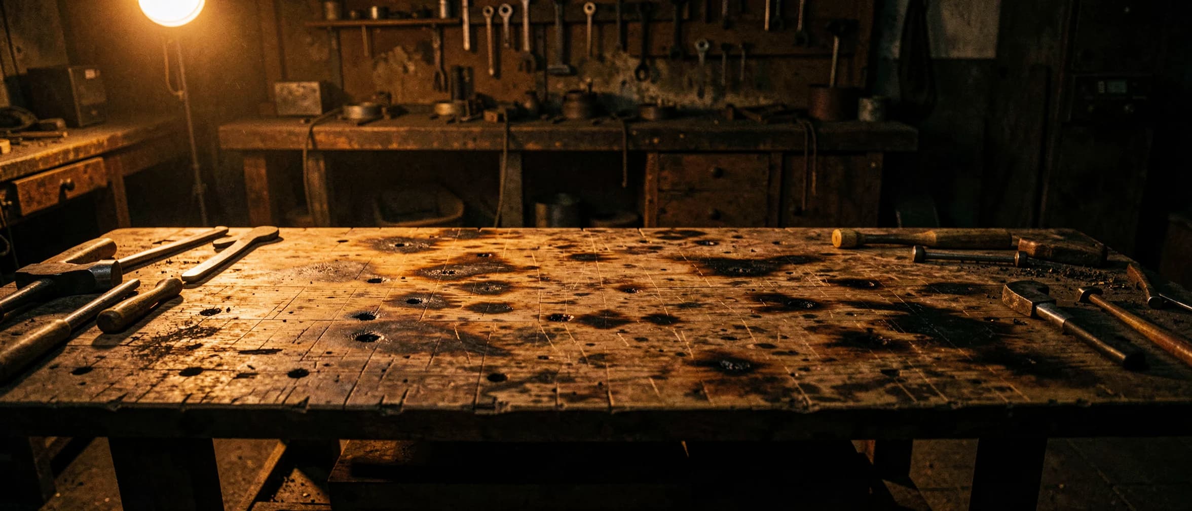 Gesleten houten werkblad met brandplekken en deuken