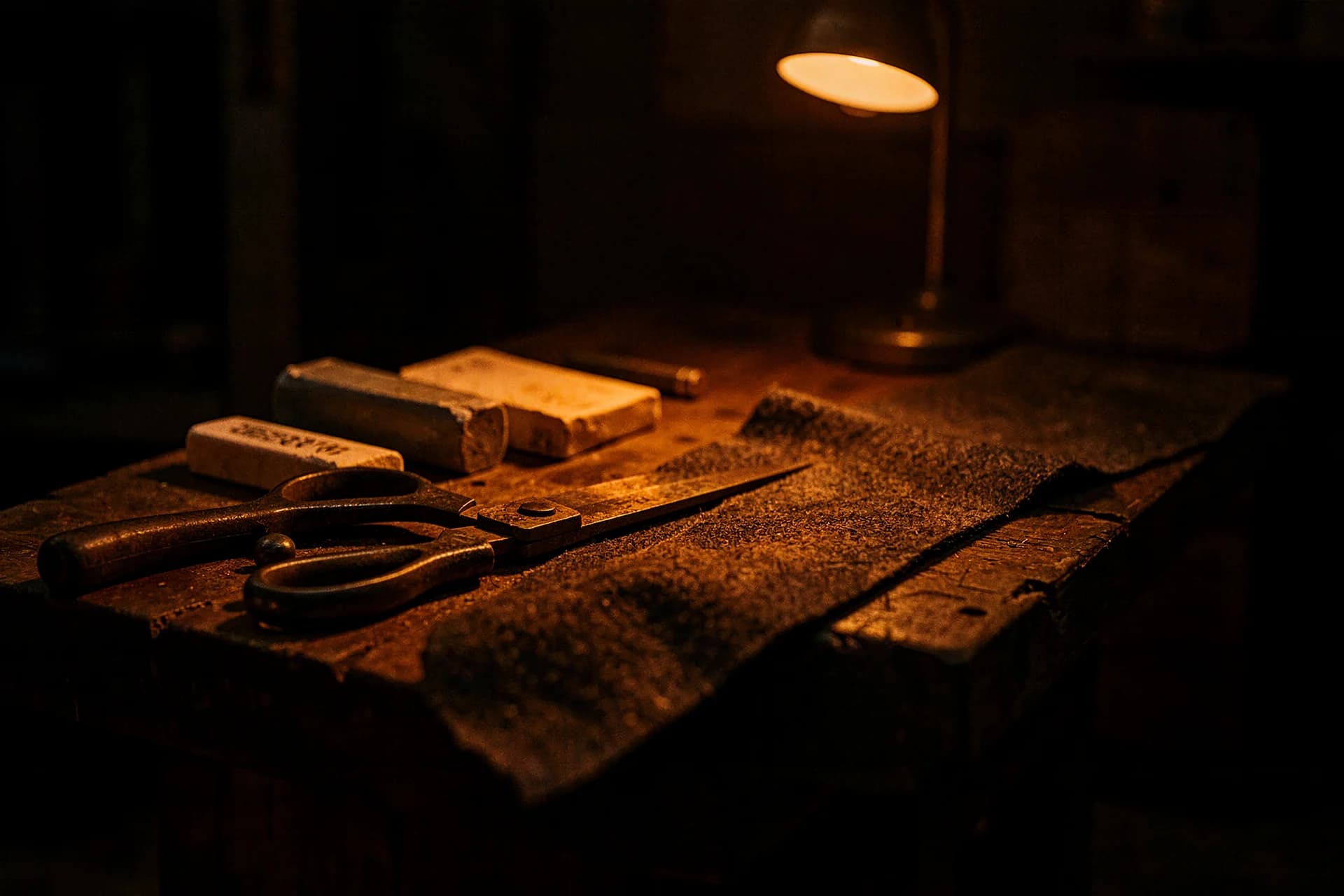 Kleermakerstafel met zware stofschaar, krijt en wol