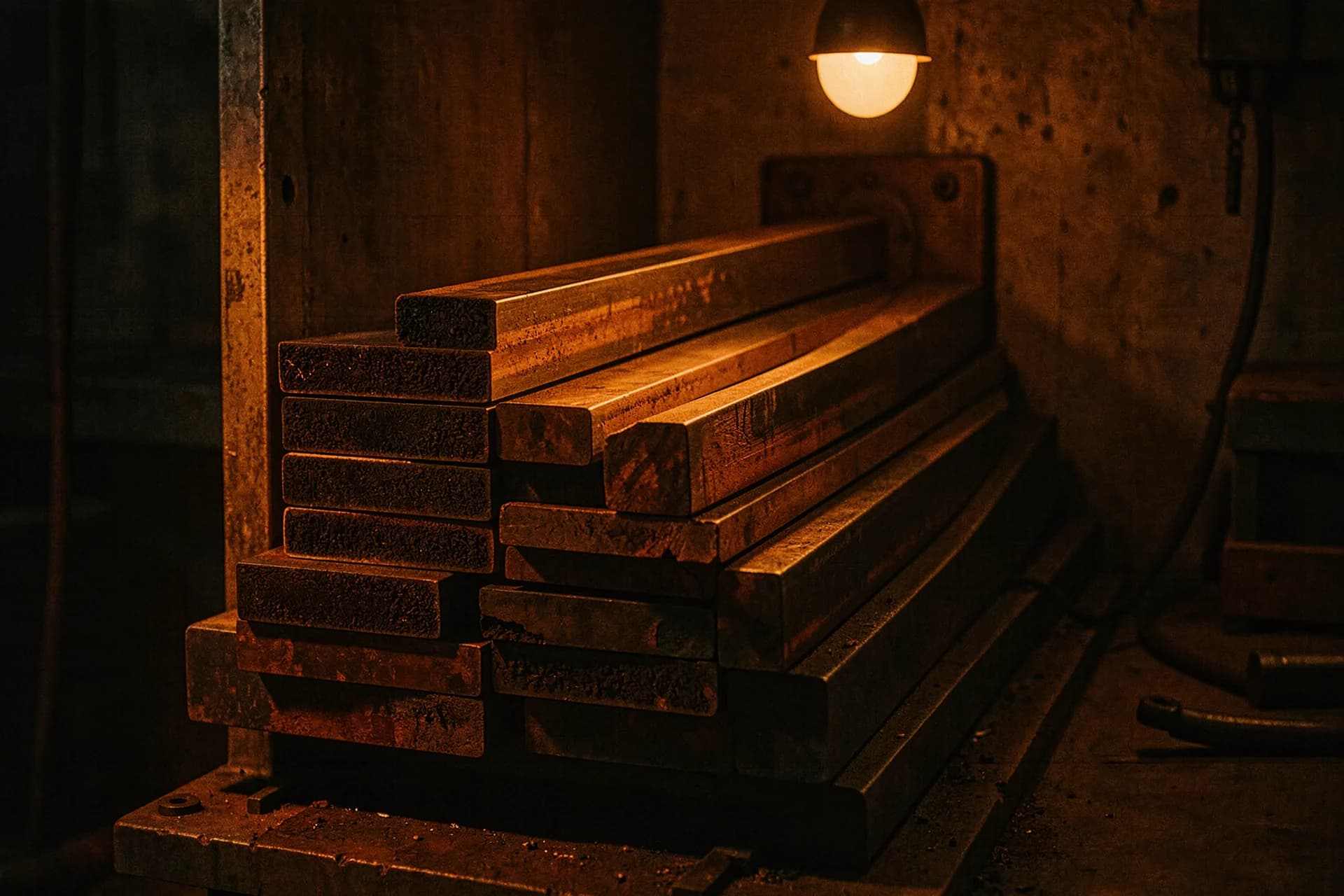 Stapel ruw stafstaal in de werkplaatshoek