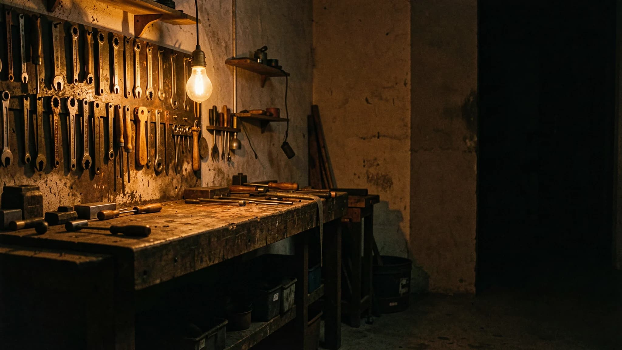 Houten werkbank onder een wand vol handgereedschap