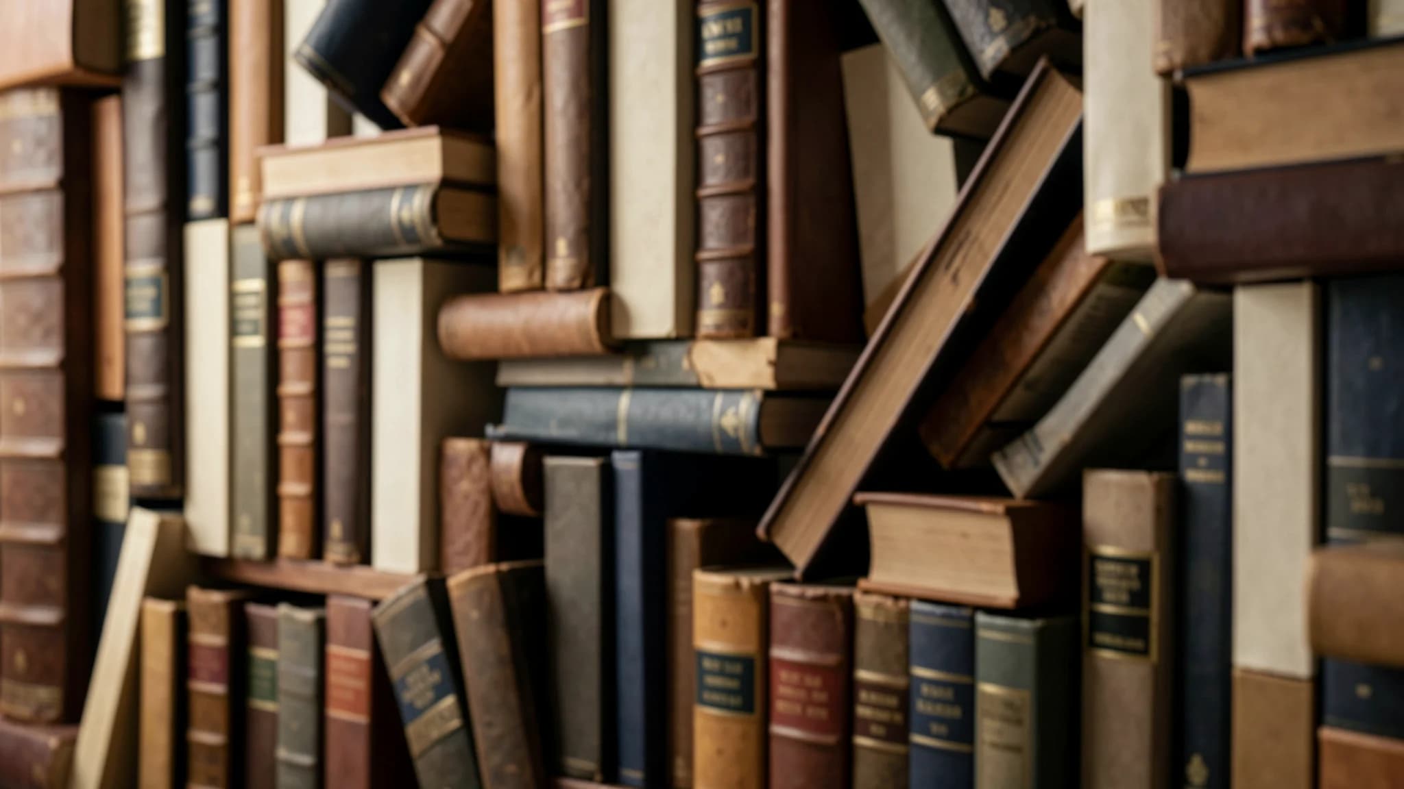 Onscherpe bibliotheekwand in warme tinten eikenhout en leer