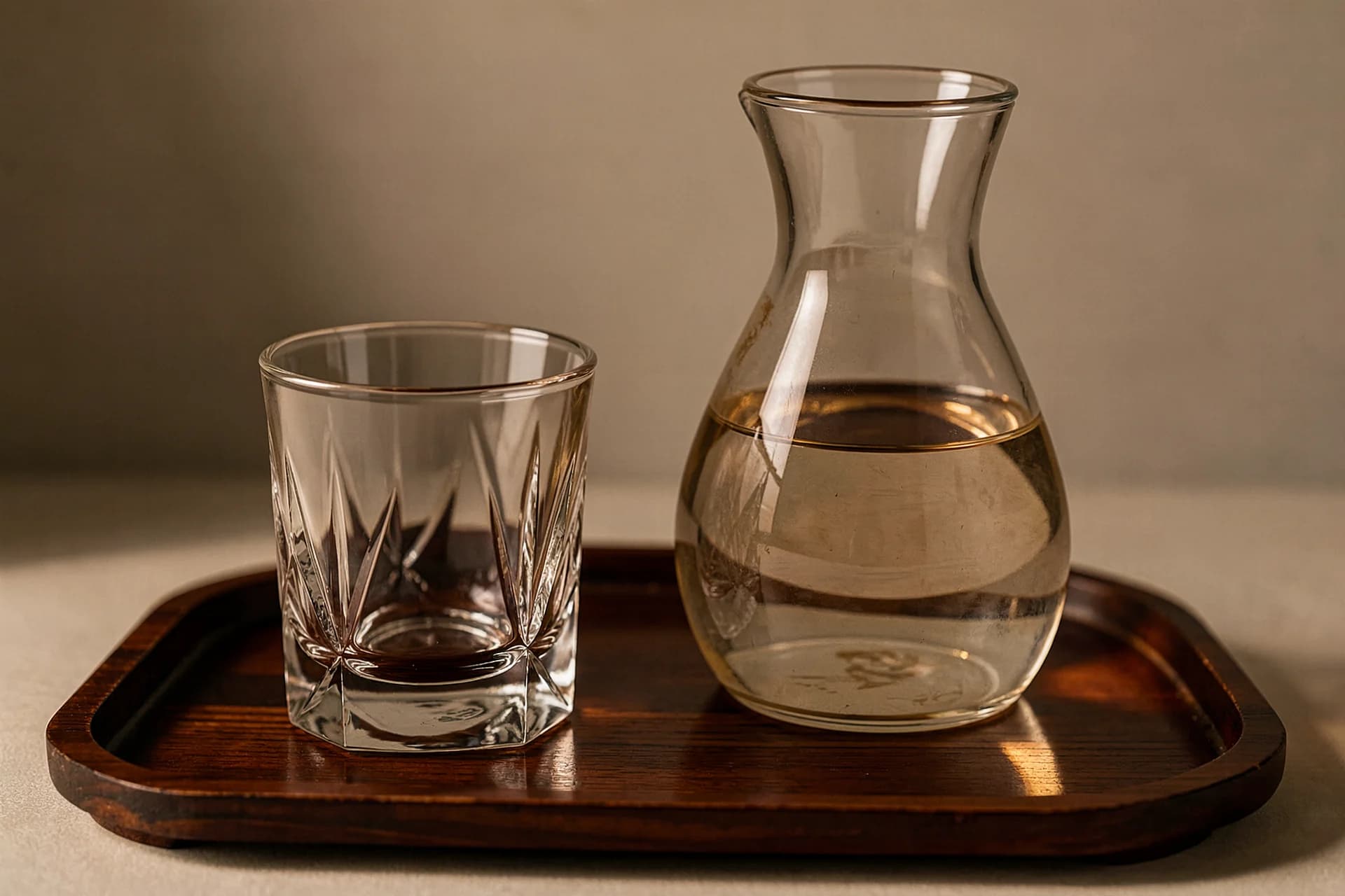Geslepen kristallen karaf en glas op gelakt dienblad