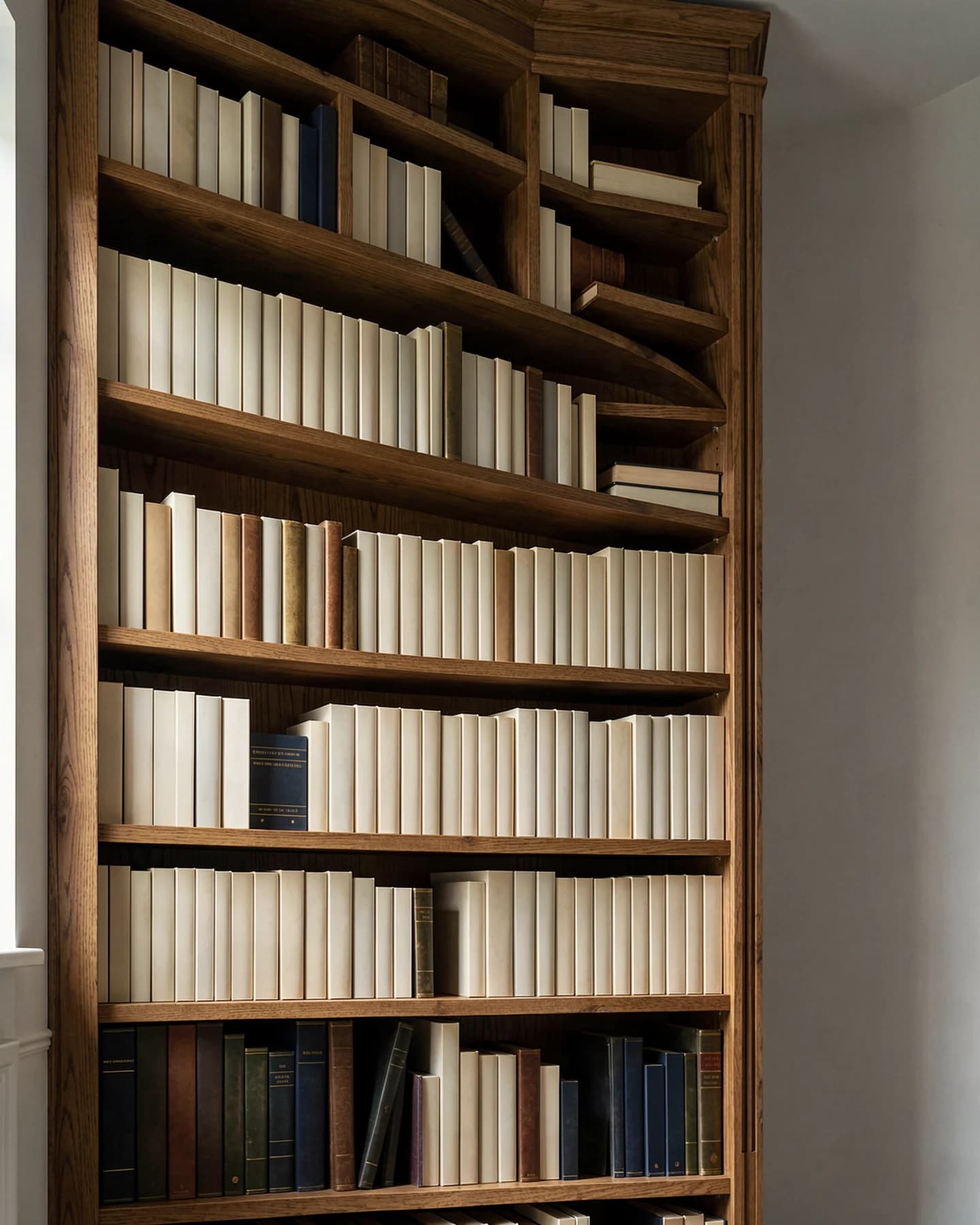 Hoge eikenhouten boekenkast vol blanco boekenbanden in zacht licht