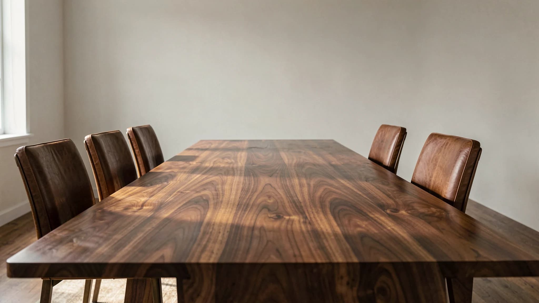 Lange notenhouten vergadertafel met aangeschoven leren stoelen