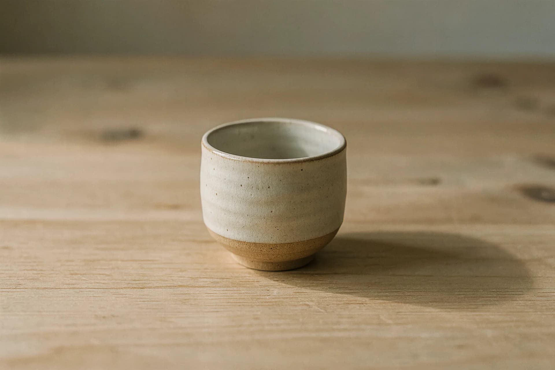 Handgemaakte keramieken mok op een houten tafel
