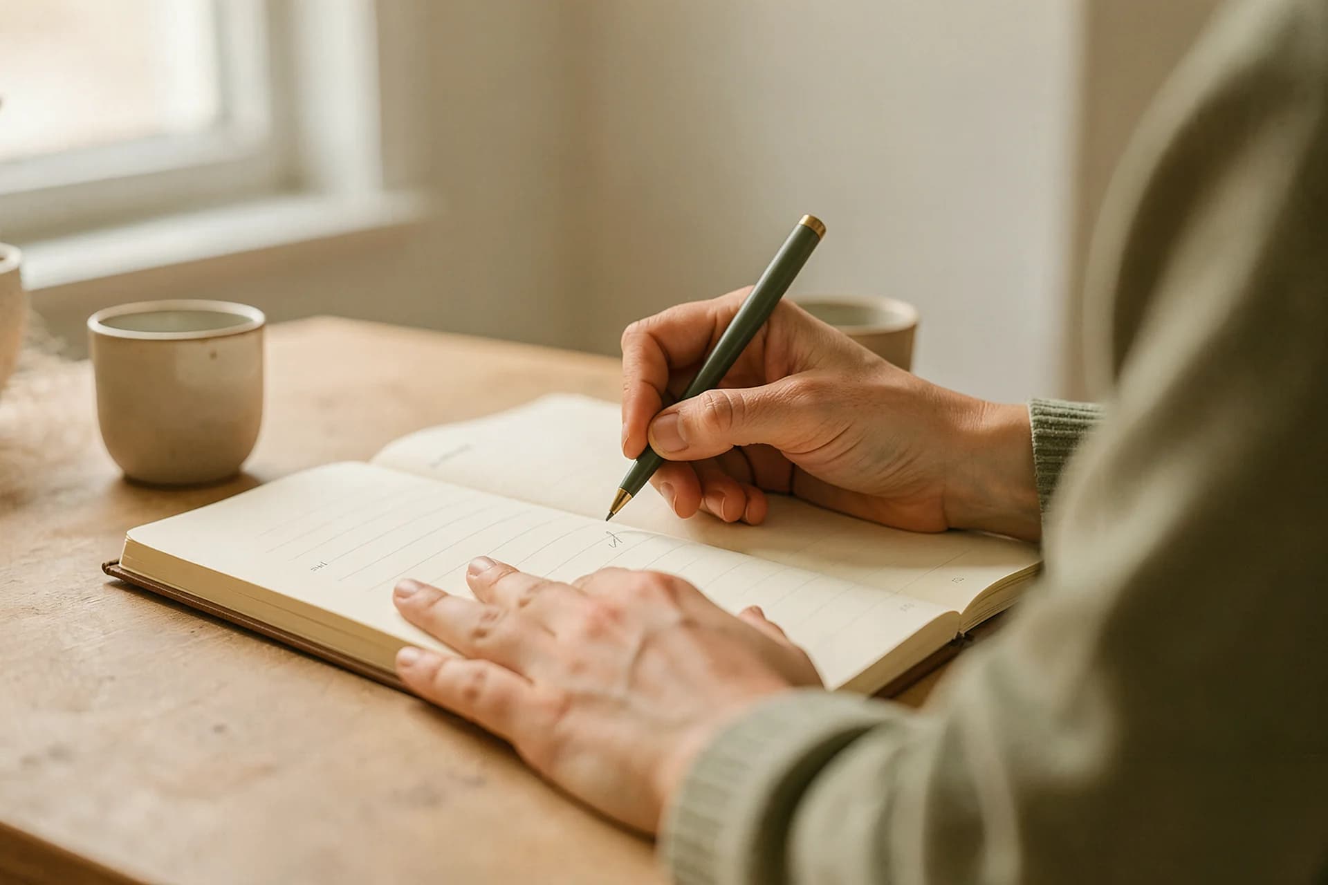 Handen schrijven in een opengeslagen notitieboek
