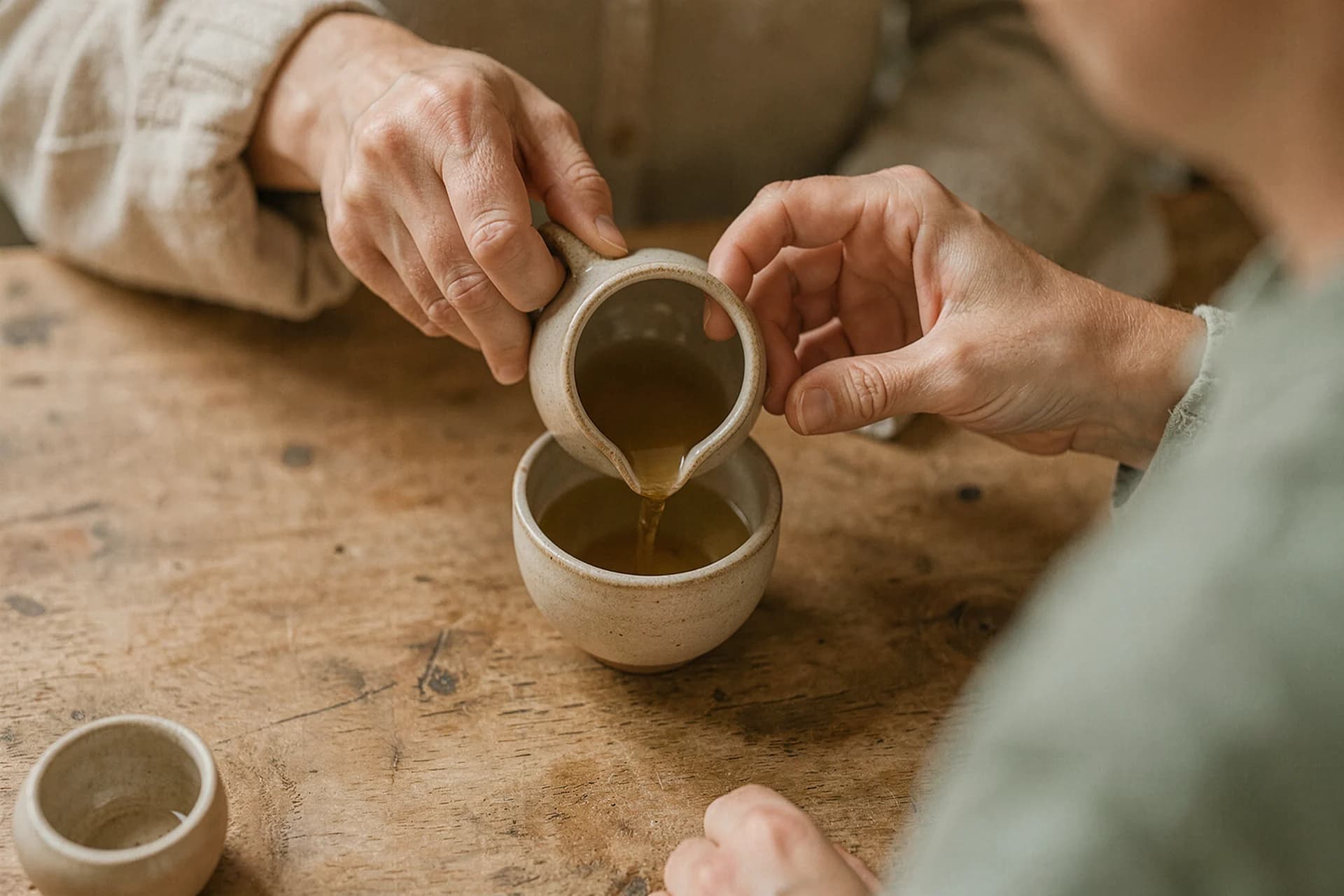 Handen schenken thee uit een keramieken theepot