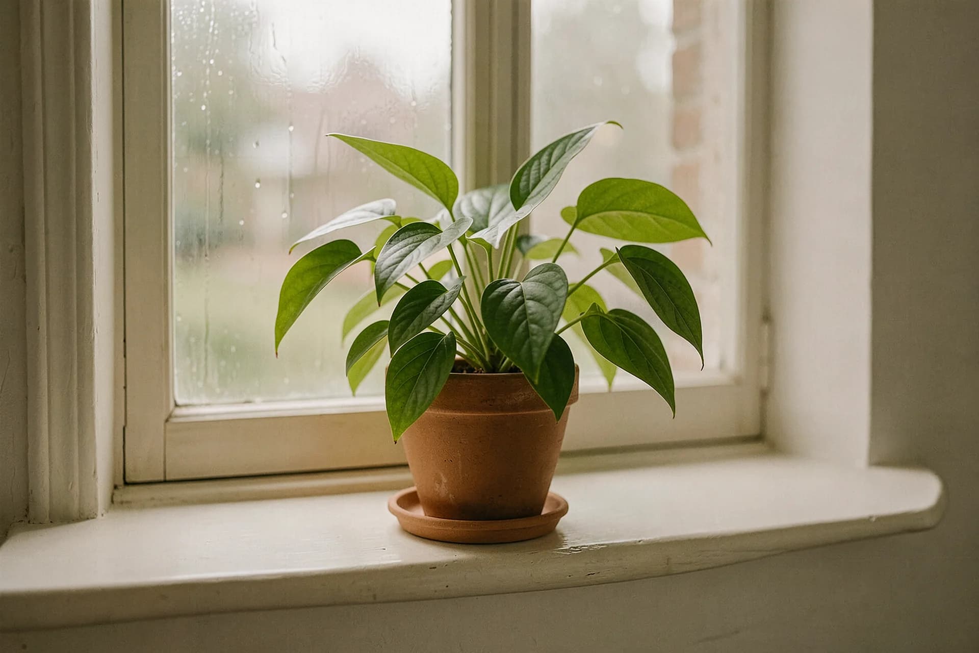 Hangplant op een brede vensterbank met tegenlicht