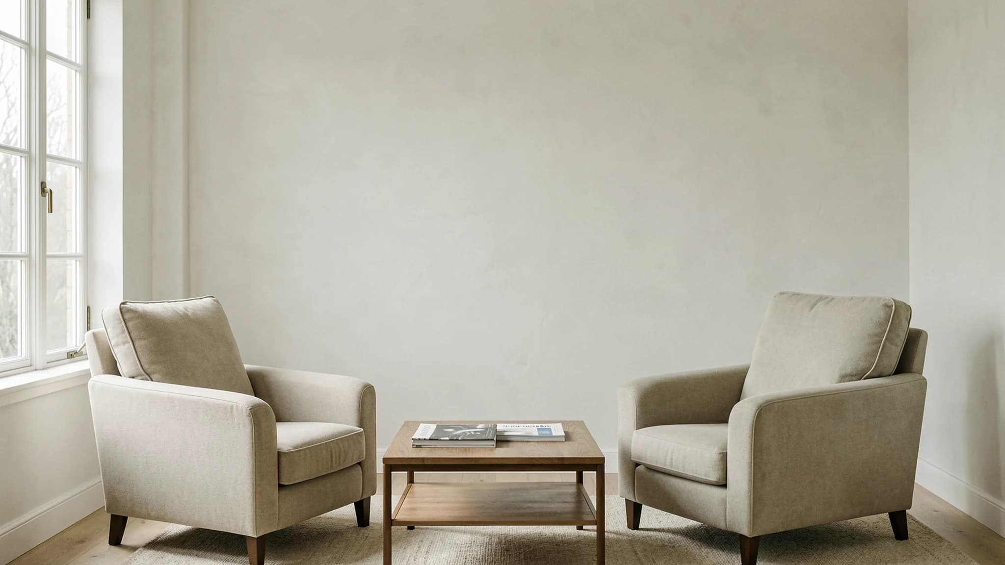 Twee zachte fauteuils in een rustige spreekkamer