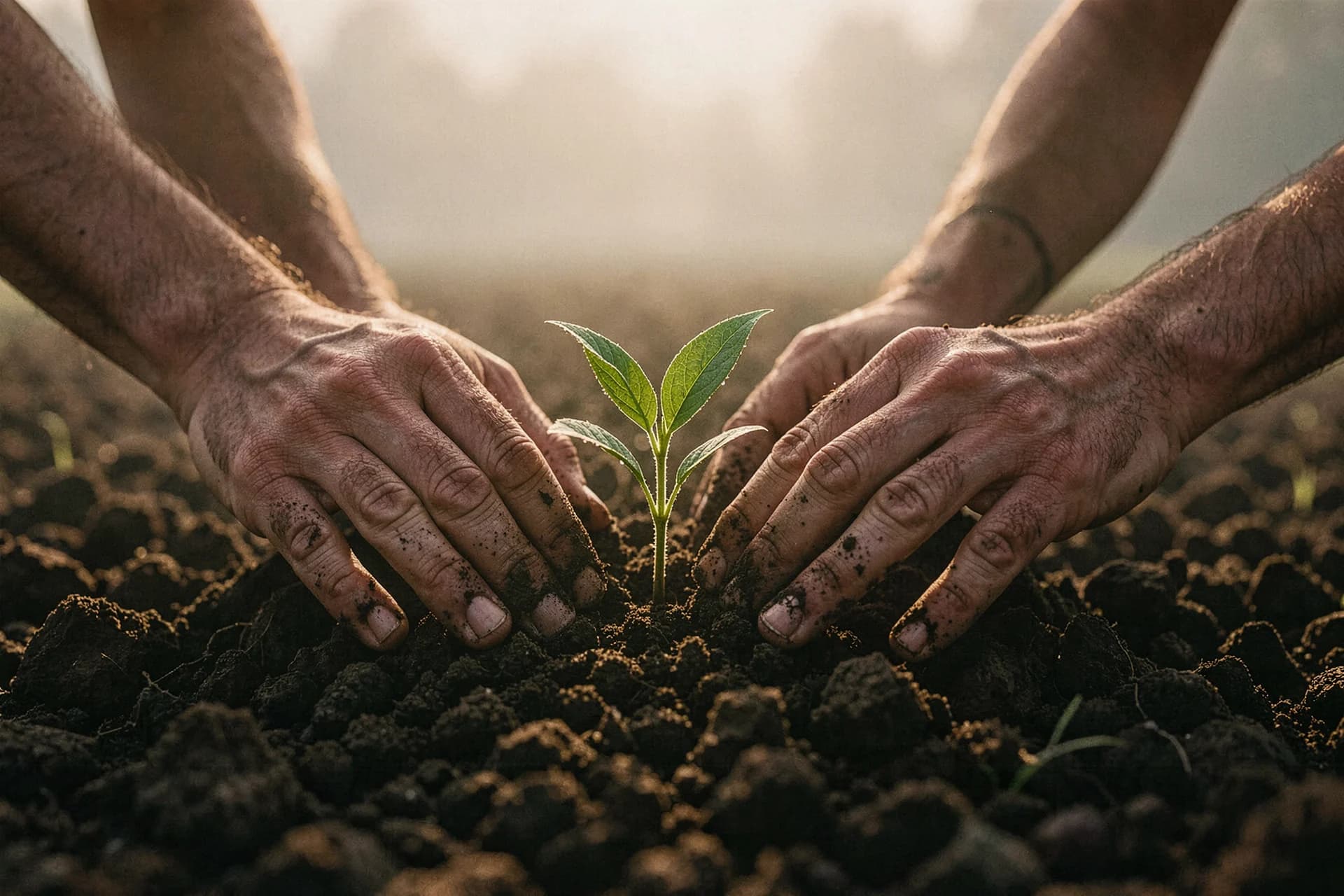 Twee handen drukken kiemplant in rulle teelaarde