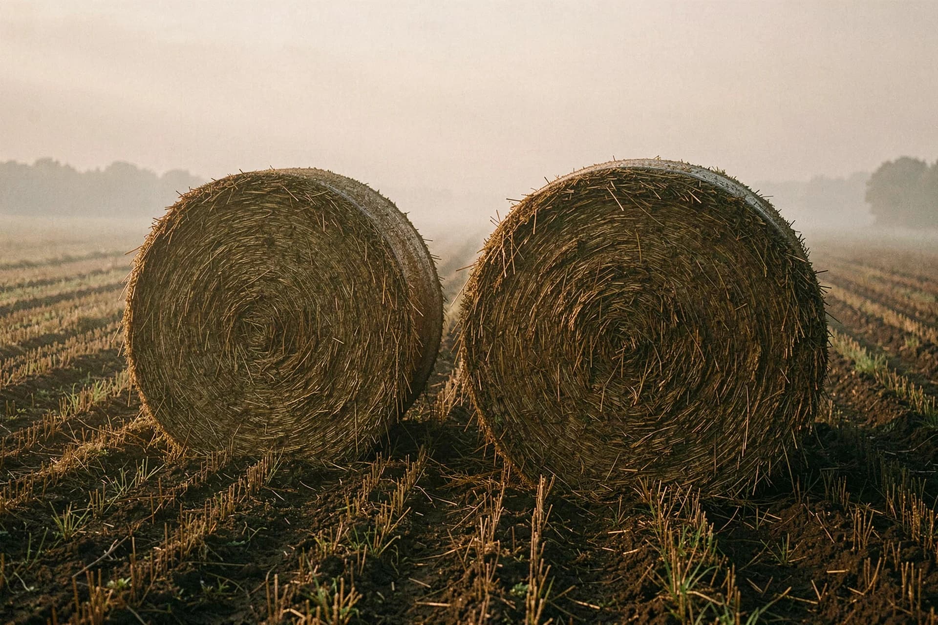 Ronde hooibalen op gemaaid veld met stoppels