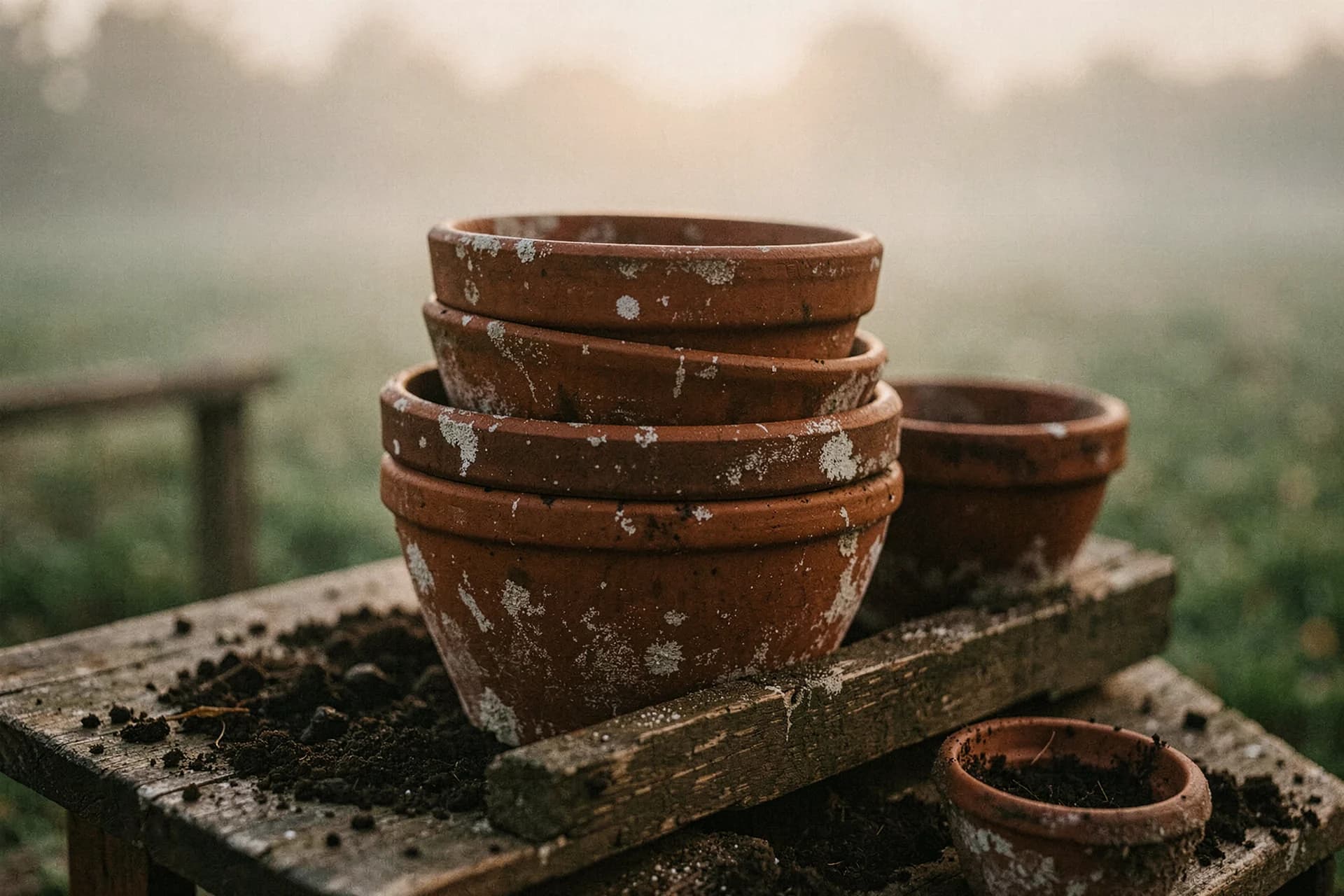 Gestapelde terracotta bloempotten met kalksporen op randen